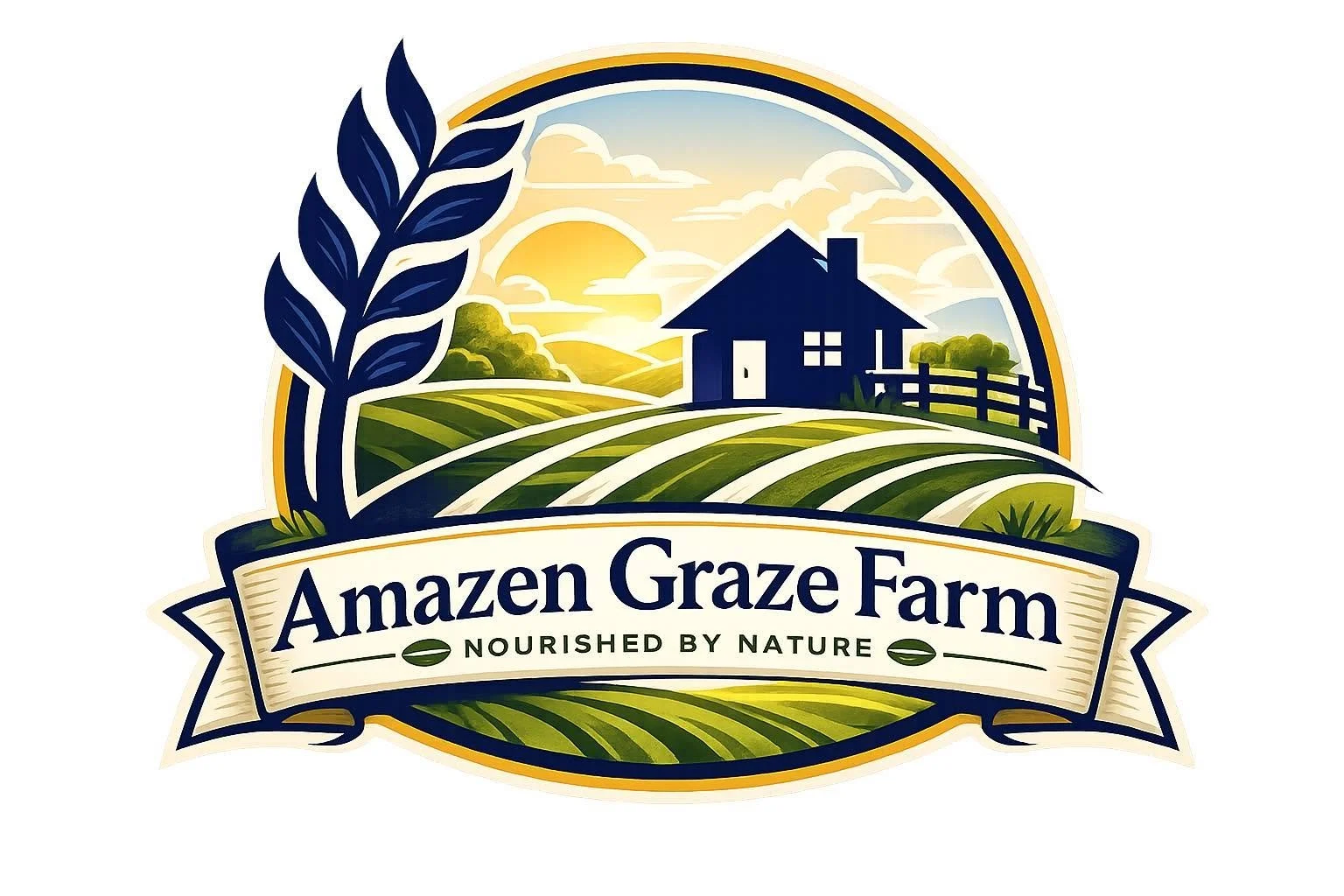 A logo for Amazon Graze Farm featuring a farm scene with a house, fields, trees, and a sunrise or sunset, with the text 'Amazon Graze Farm' and 'Nourished by Nature'.