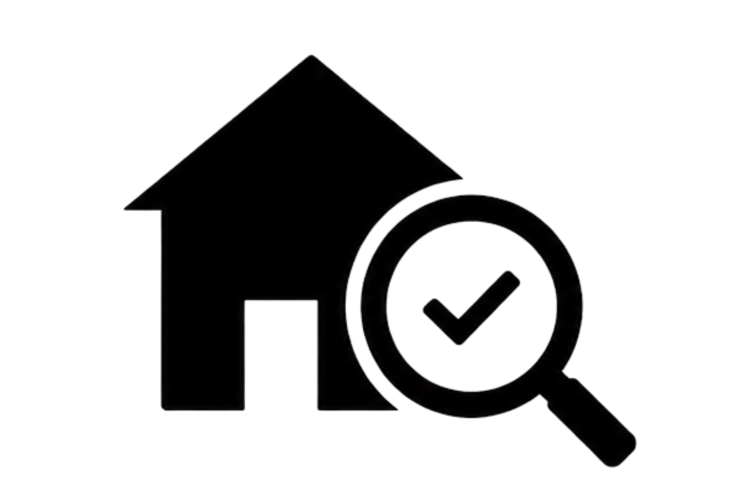 A house icon with a magnifying glass in front of it, containing a check mark inside the glass.