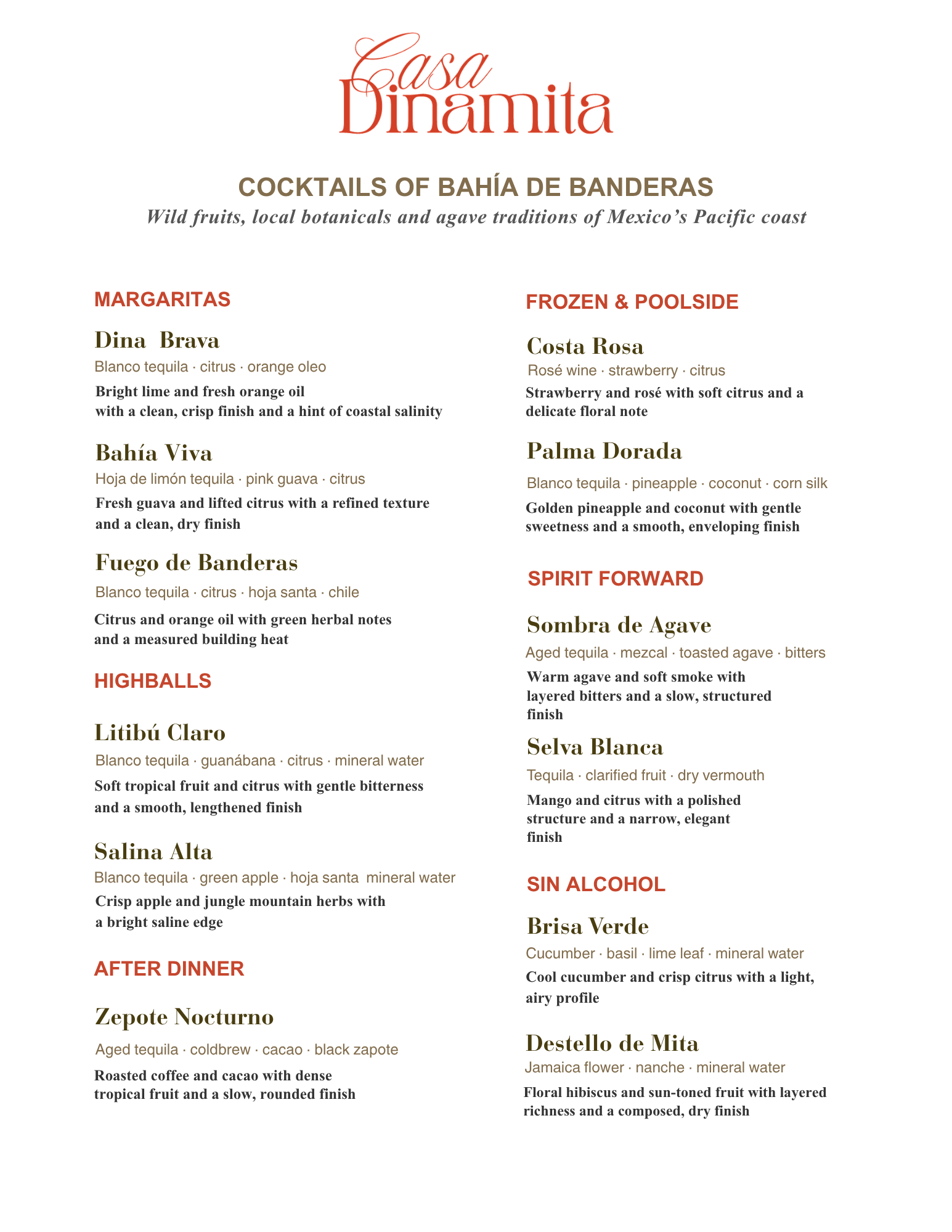 A restaurant menu page with the restaurant name 'Casa Dinamita' at the top. The menu features cocktail categories including Margaritas, Frozen & Poolside, Highballs, After Dinner, Spirit Forward, and Sin Alcohol. Each category lists drinks with descriptions and ingredients such as citrus, tequila, fruit, herbal notes, and mineral water.