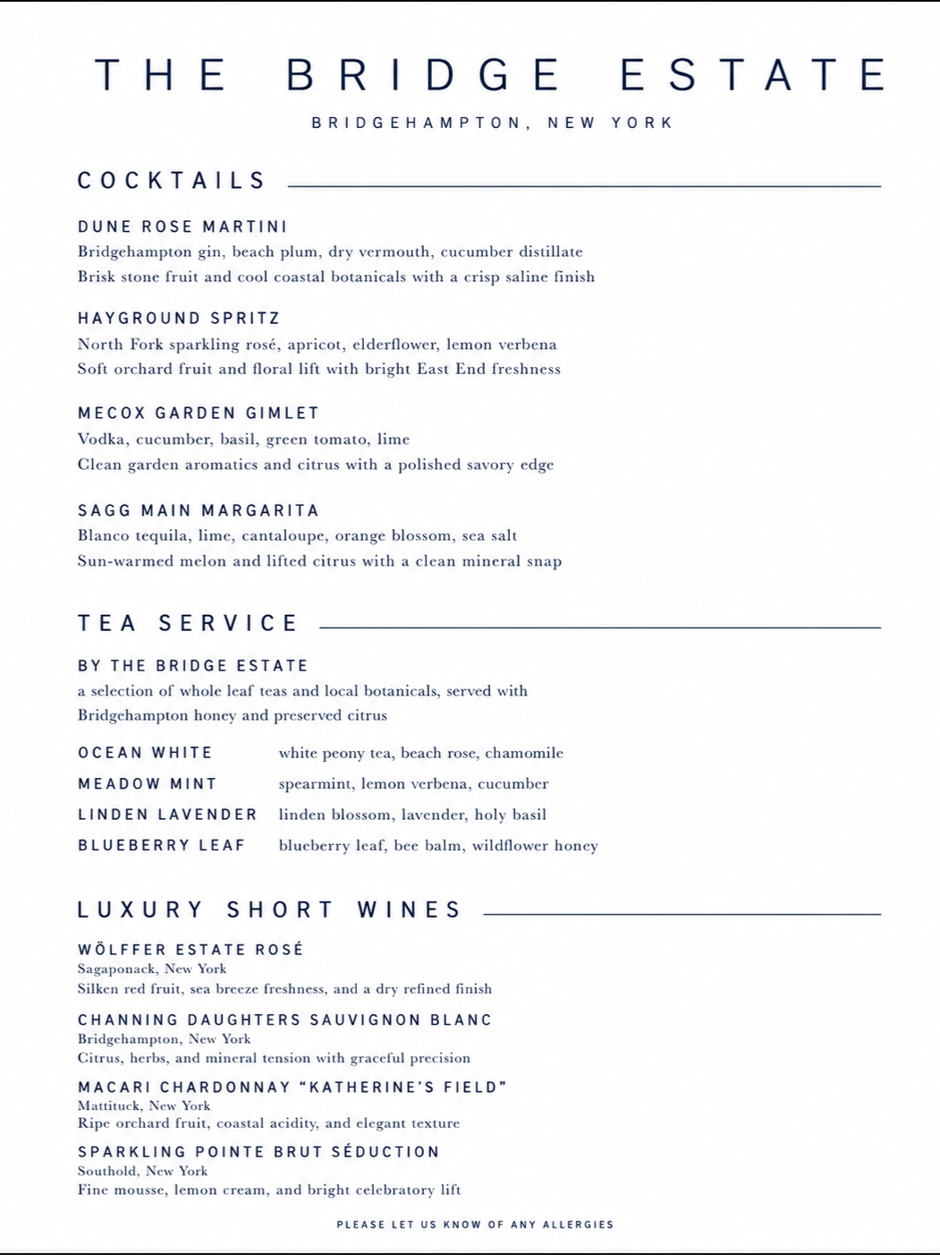 Menu from The Bridge Estate in Bridgehampton, New York, featuring cocktails, tea service, and luxury short wines with descriptions of each drink and wine.