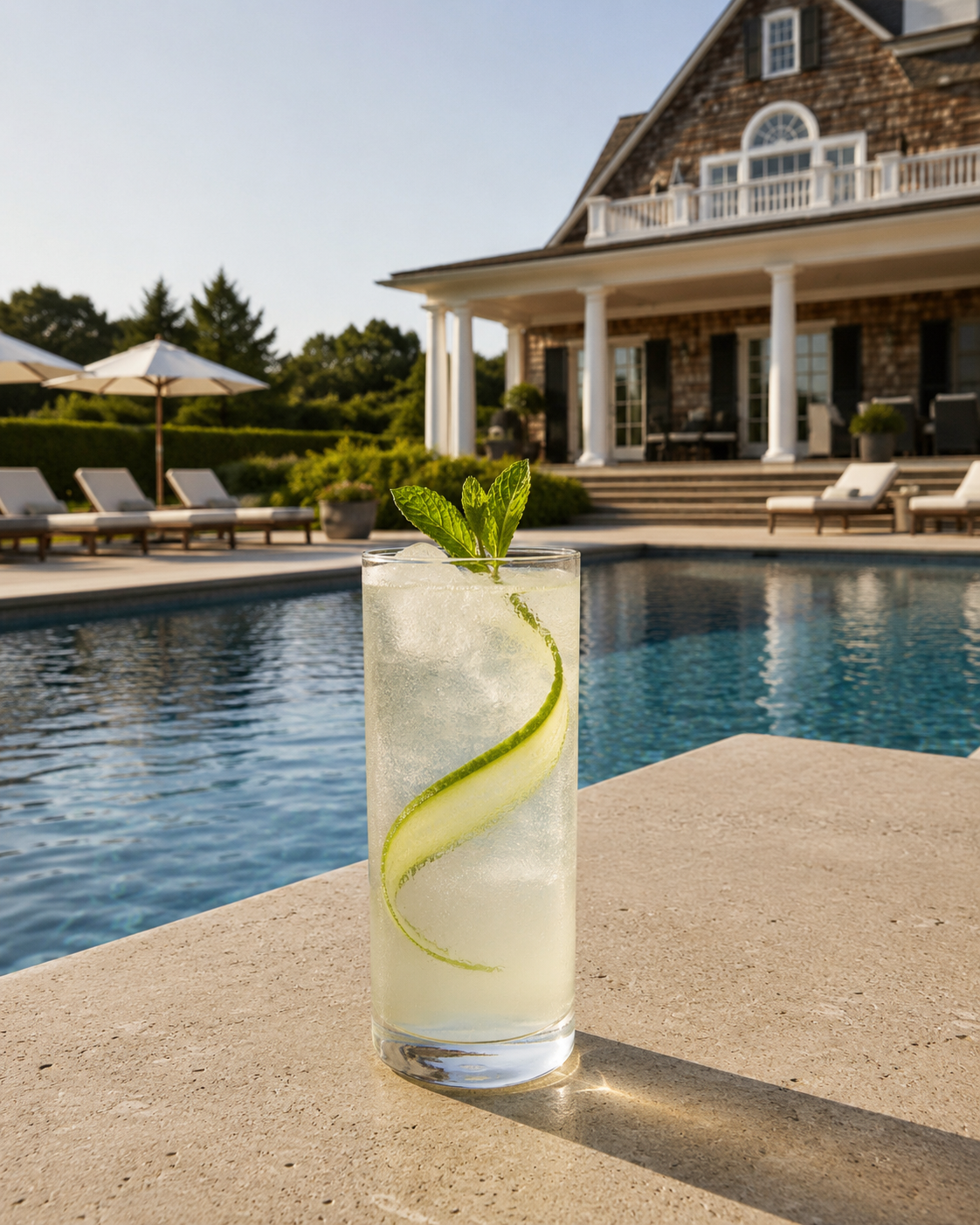 A refreshing beverage with lime and mint garnish on a poolside ledge, in front of a backyard swimming pool, patio chairs, umbrellas, and a house with columns.