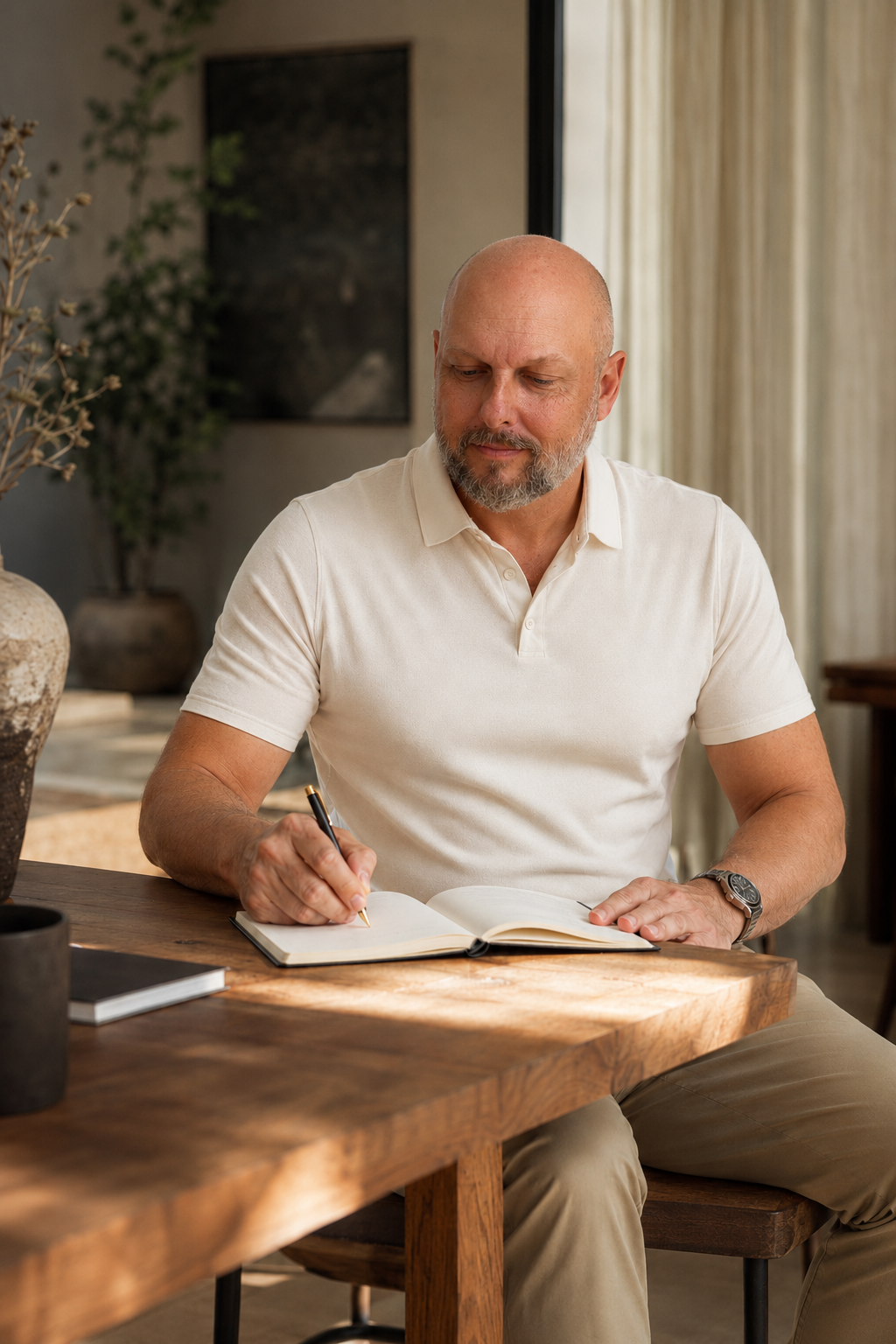 A middle-aged man with a bald head and gray beard sitting at a wooden table, writing in a notebook with a black pen, in a room with natural light, plants, and artwork.