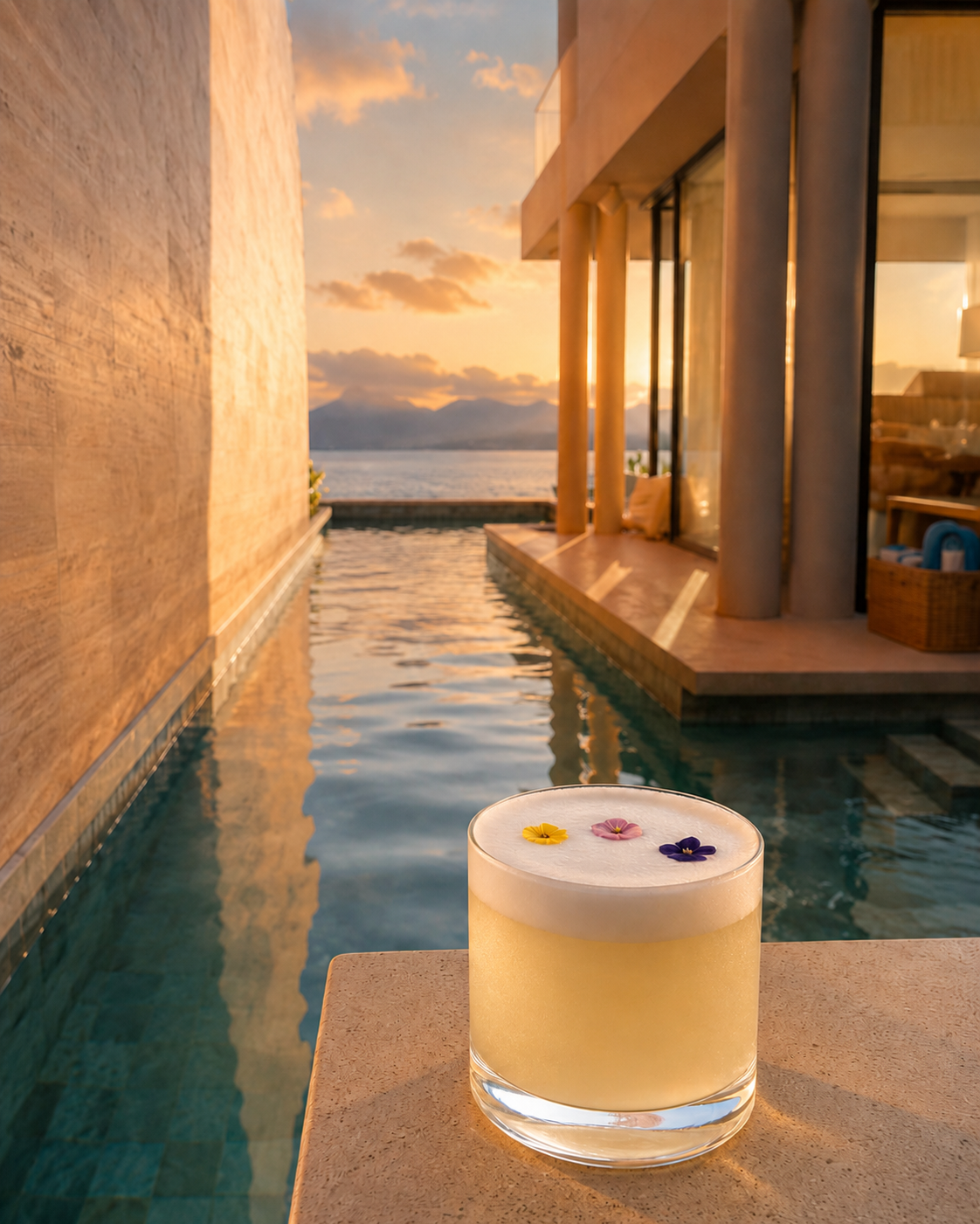A candle with three small colorful flowers on top, placed on a stone ledge beside a swimming pool with an ocean and mountains in the background during sunset.