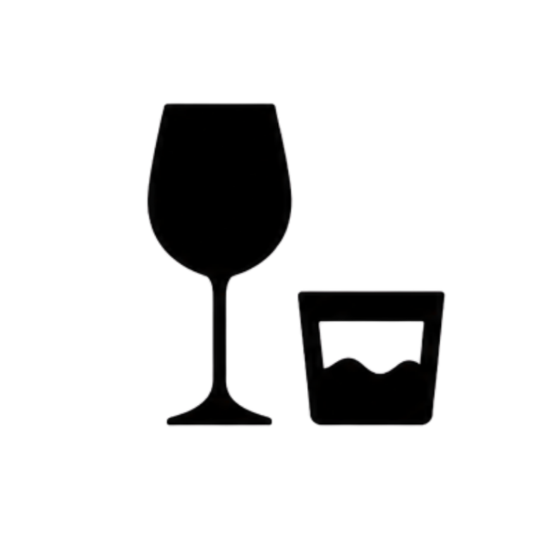 Outline of a wine glass and a short tumbler glass side by side.