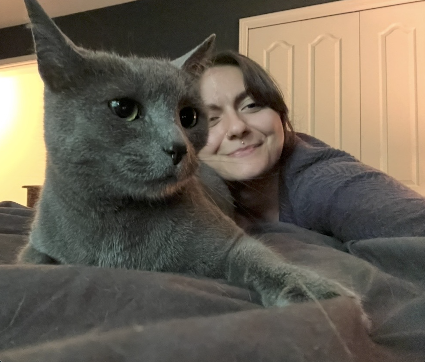 A person with dark hair and a nose piercing taking a selfie with a large gray and black cat in a room with closet doors in the background.