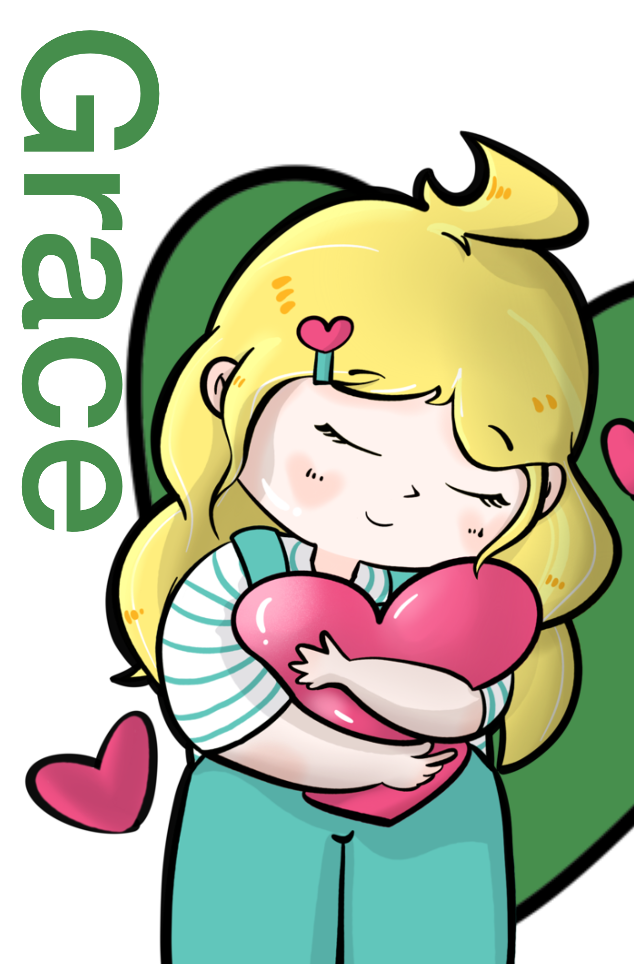KaleidoscopeME ActiveLife Character Grace, A cartoon girl with long blonde hair and closed eyes is hugging a pink heart-shaped pillow. She is wearing a blue and white striped shirt and has a blue hairpin with a pink heart on it.