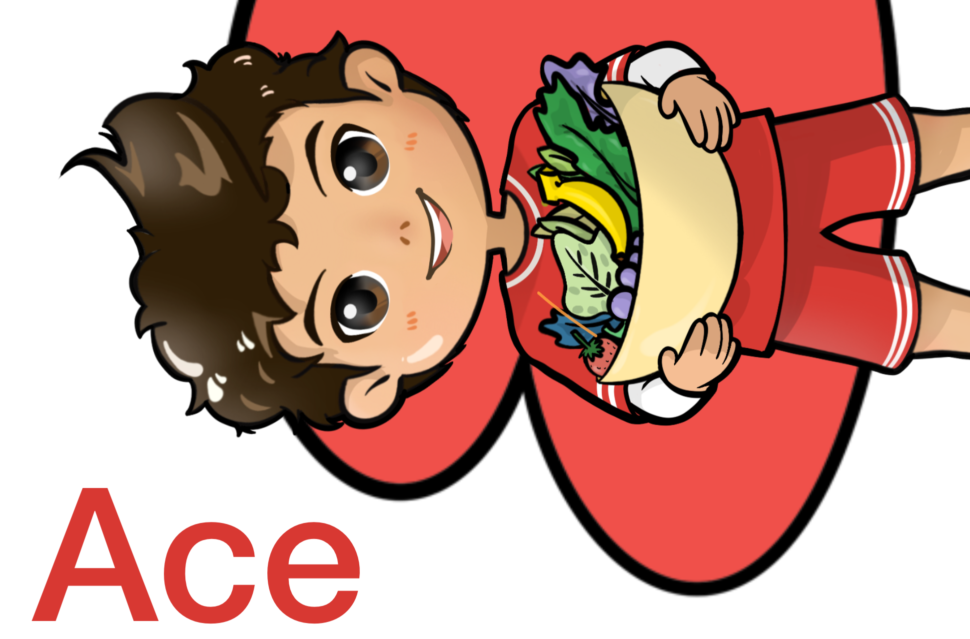 KaleidoscopeME ActiveLife Character Ace, A cartoon boy with brown hair smiling, wearing a red shirt with white stripes, holding a large taco filled with various vegetables.
