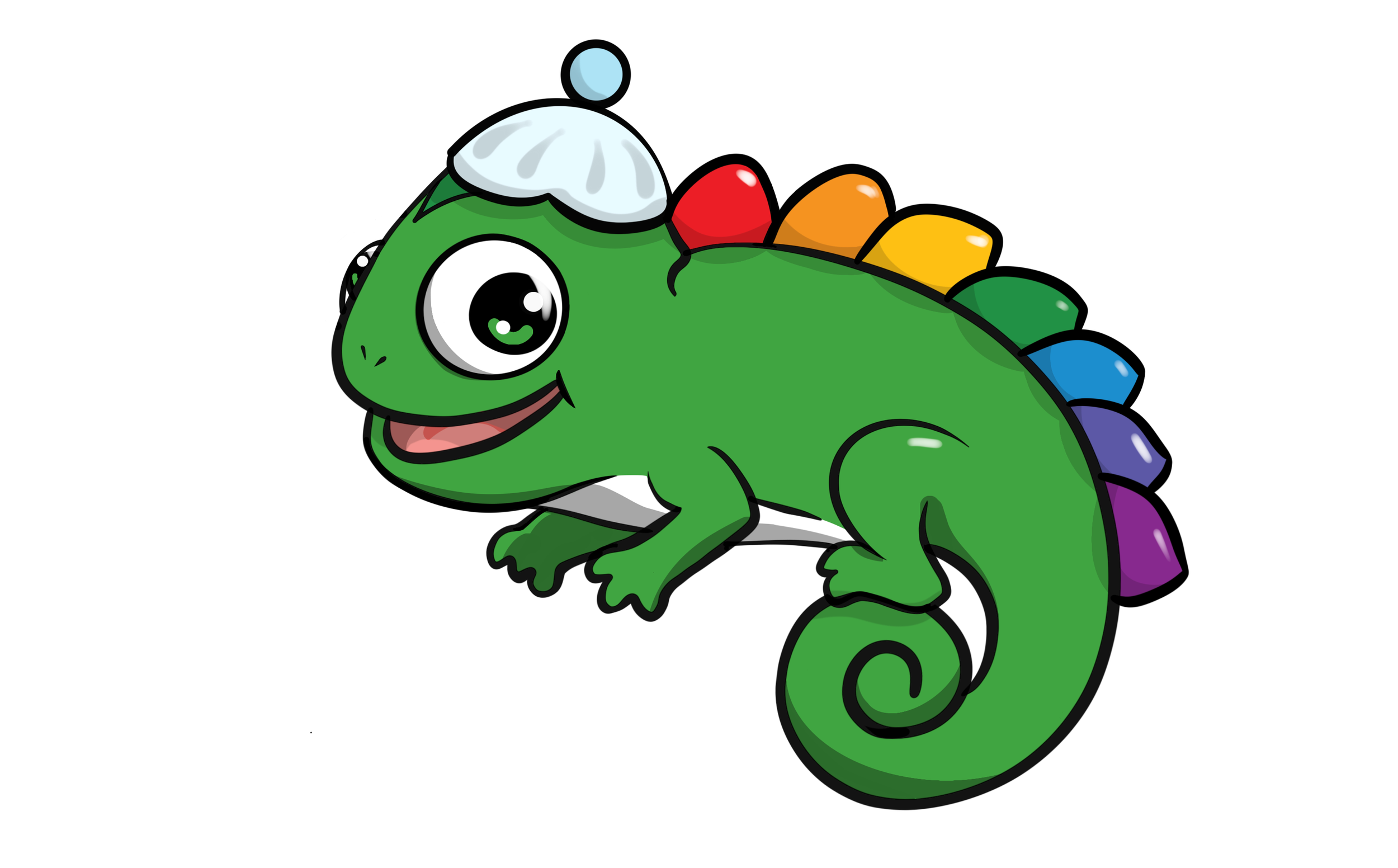 KaleidoscopeME ActiveLife Character Kalei, Cartoon green chameleon with a happy expression, sitting on its hind legs, with blue, purple, yellow, orange, red, and light blue spikes along its back, wearing a white sailor hat with a light blue pom-pom.