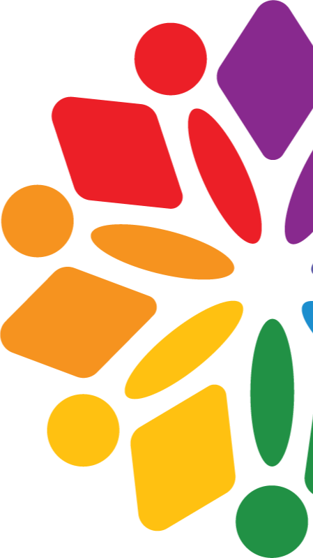 Colorful abstract geometric shapes in red, purple, orange, yellow, green, and blue.