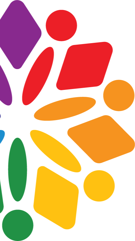 Abstract colorful geometric shapes with purple, red, yellow, green, and blue sections.