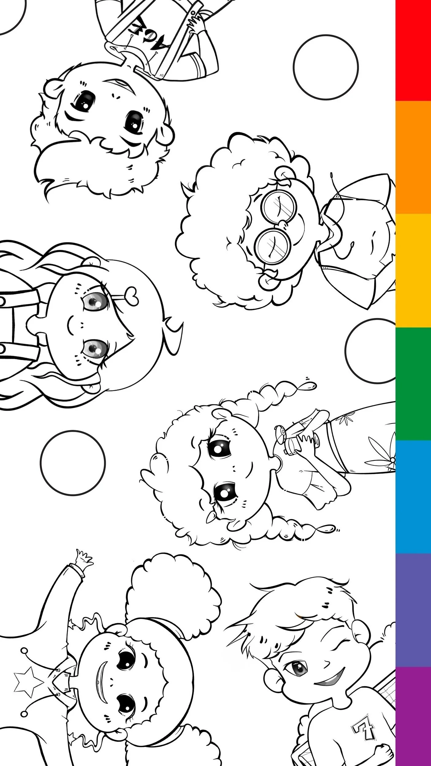 KaleidoscopeME ActiveLife Characters in lines, Black and white coloring page featuring diverse children with different hairstyles and outfits, some wearing glasses and accessories, and some with animal horns or ears, in various playful poses.