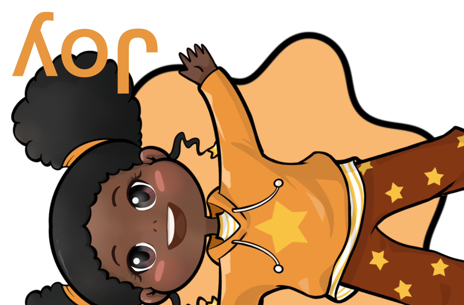 KaleidoscopeME ActiveLife Character Joy, A cartoon girl with dark skin, big eyes, and curly black hair, wearing an orange shirt and star-patterned brown shorts, lying on her side. She has a cheerful expression and is surrounded by a white background.