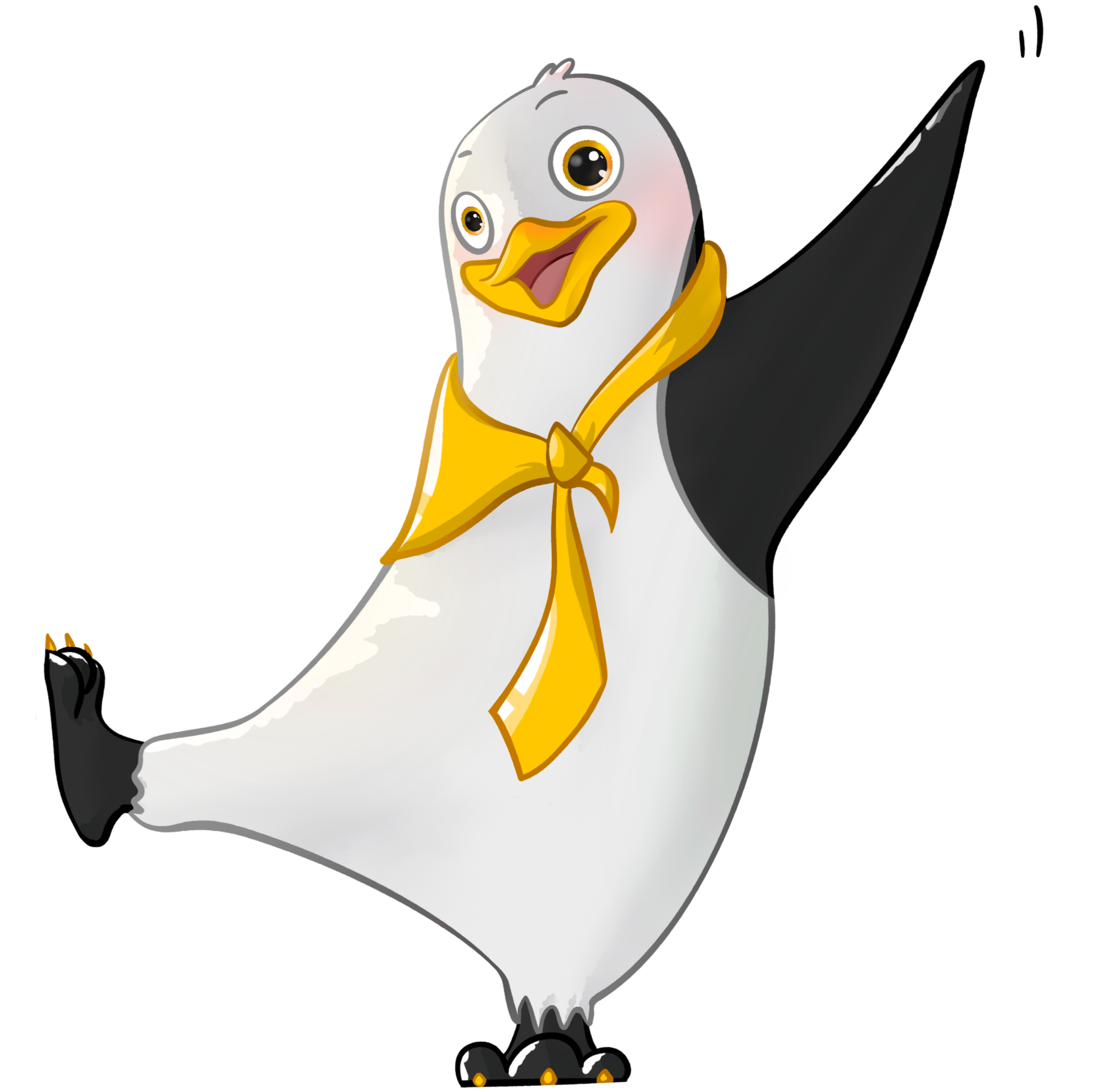 KaleidoscopeME ActiveLife Character Tux, A cartoon-style bird with a white body, black tail, and large expressive eyes, wearing a yellow scarf.