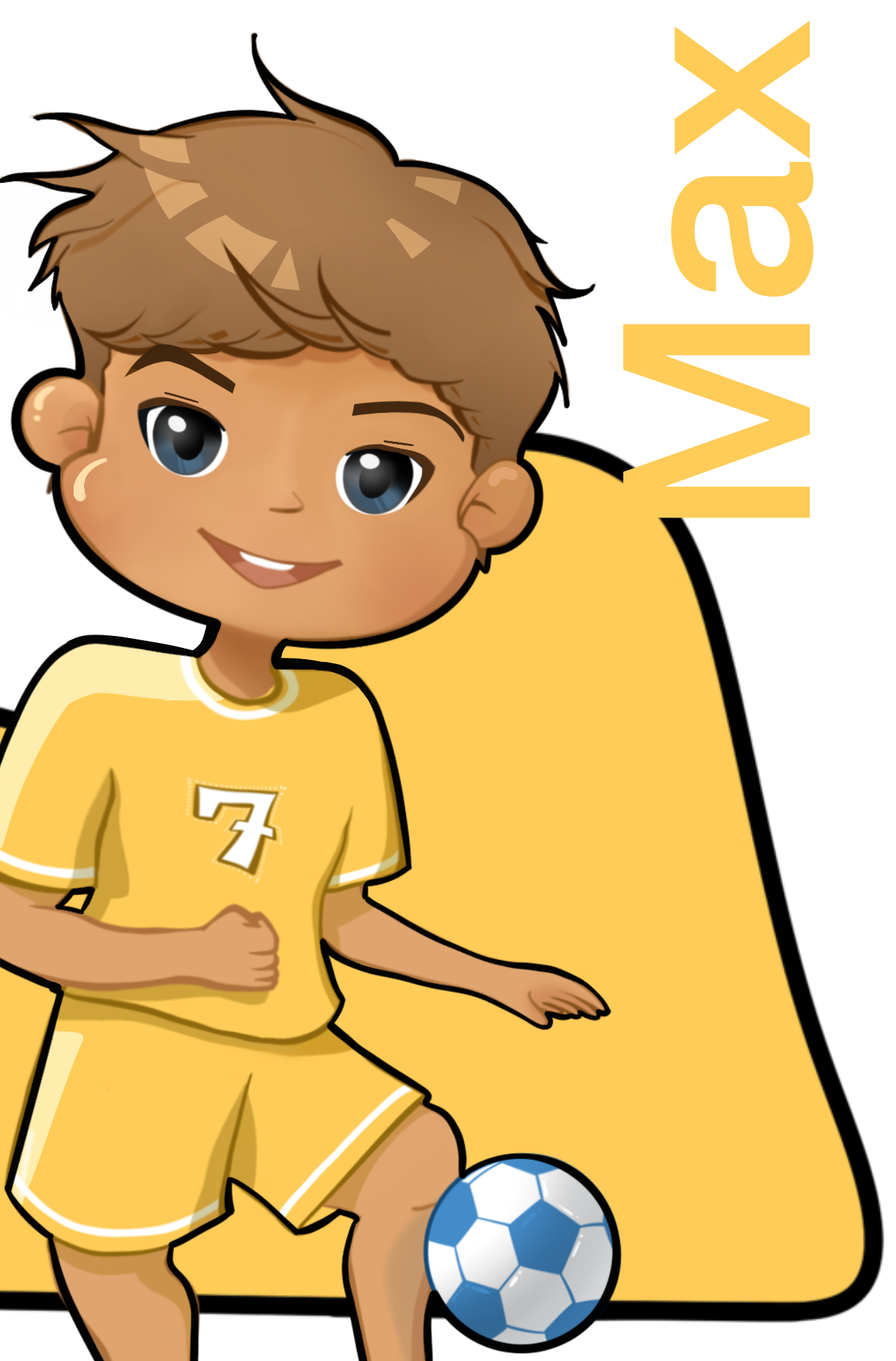 KaleidoscopeME ActiveLife Character Max, A cartoon boy in a yellow sports uniform with a number 7 on his chest, standing next to a soccer ball, smiling with large blue eyes and tousled brown hair.