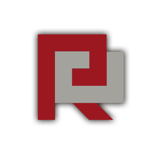 A geometric logo with a target-like design, featuring a black background, a gray inner square, and red outlines creating a spiral pattern.