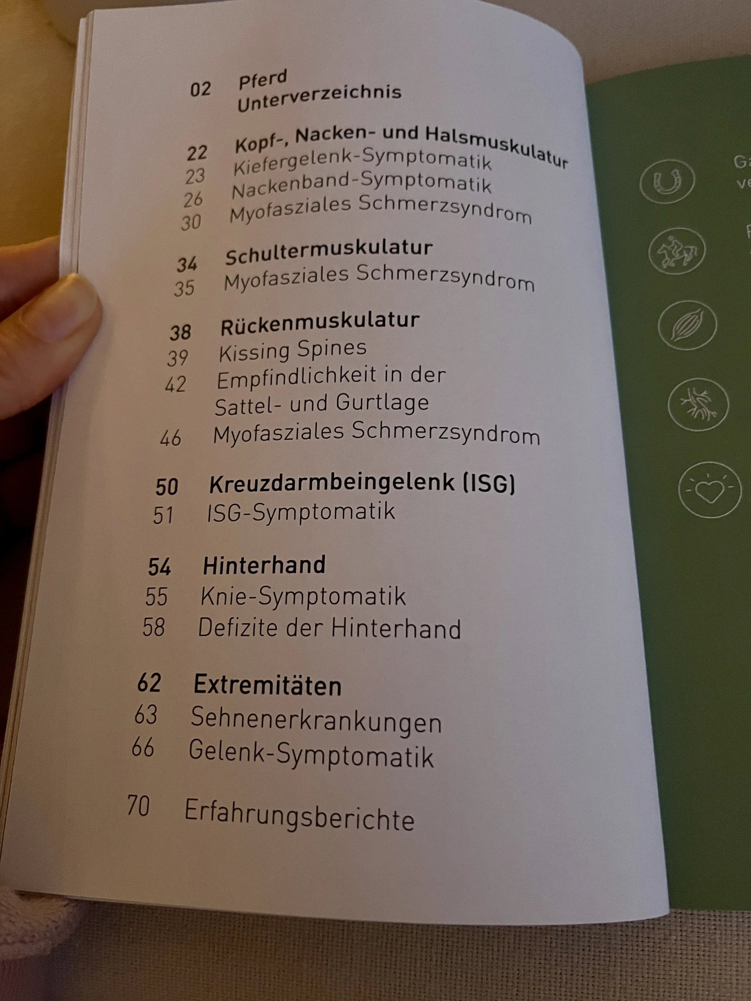Inhaltsverzeichnis eines Buches oder einer Broschüre mit Themen zu Gelenk- und Muskelerkrankungen, einschließlich Nacken-, Schulter-, Rücken- und Handgelenksbeschwerden.