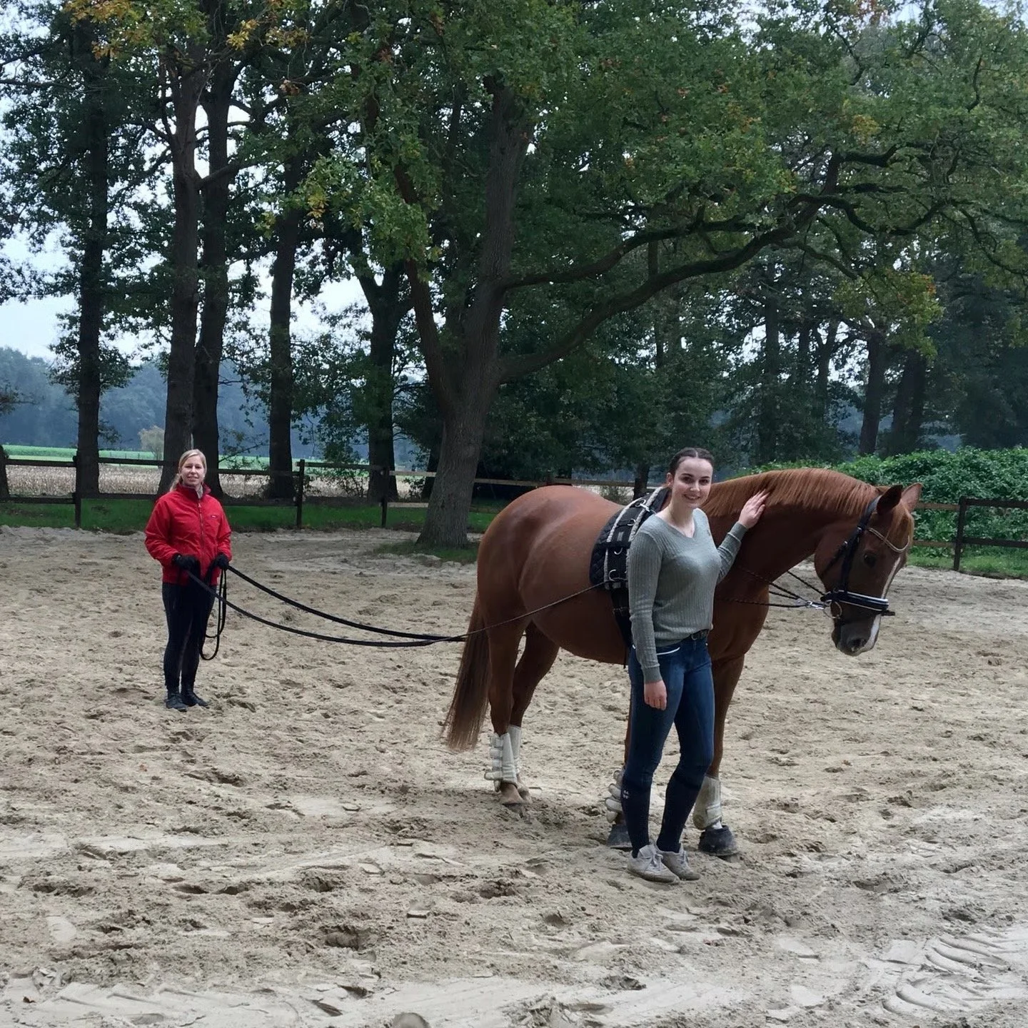 Zwei Frauen mit einem Pferd in einer Reithalle, umgeben von Bäumen und einer Holzpforte.