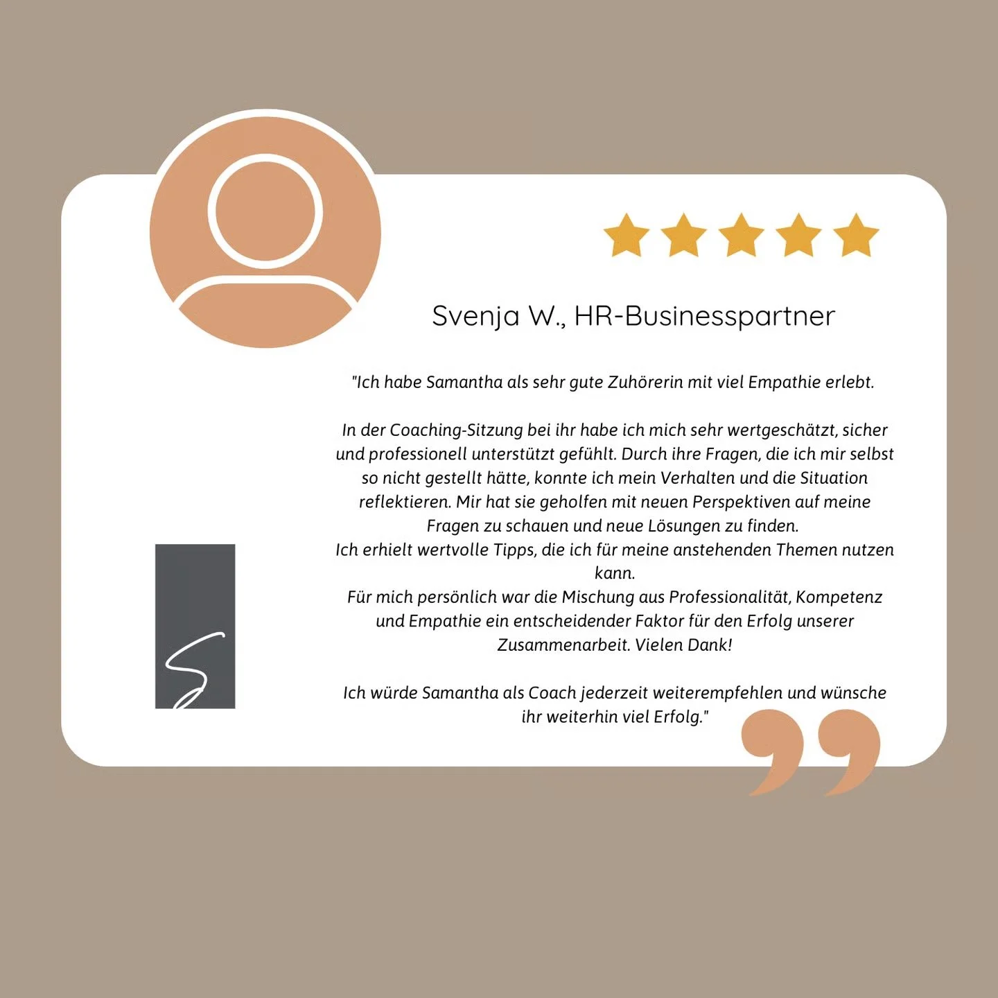 Kundenbewertung und Feedback für Srenja W., HR-Businesspartner, mit 5 Sternen, Text in deutscher Sprache, positive Erfahrungen und Empfehlungen