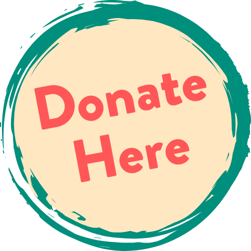 A circular button with a teal border and cream center containing red text that says "Donate Here."