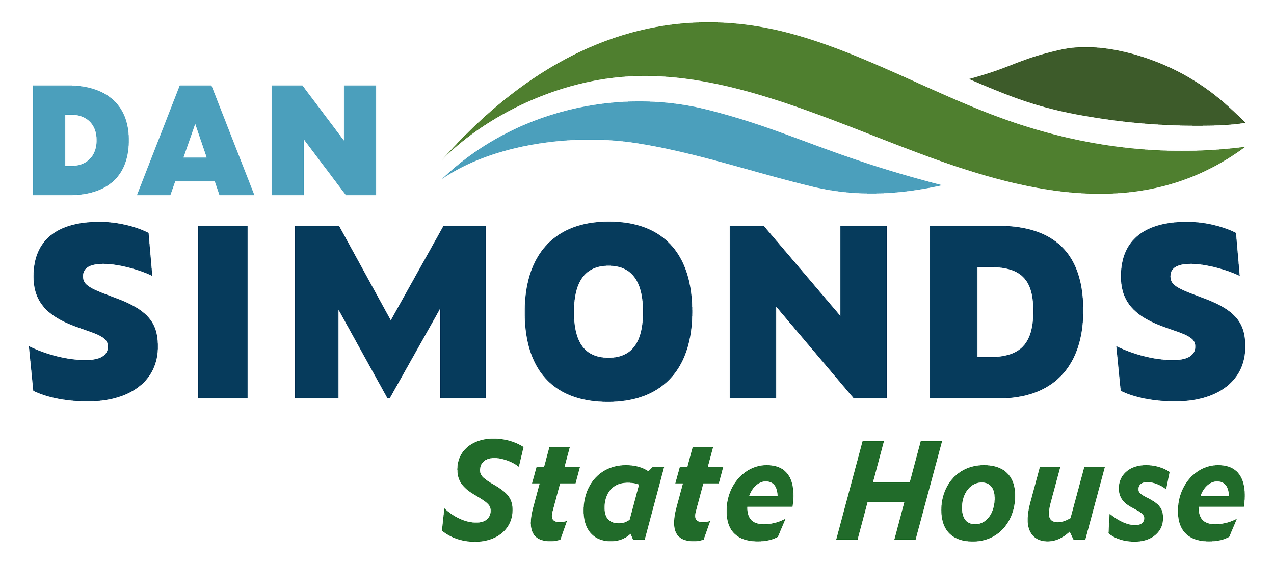 Logo for Dan Simonds State House with stylized green and blue wave graphics.