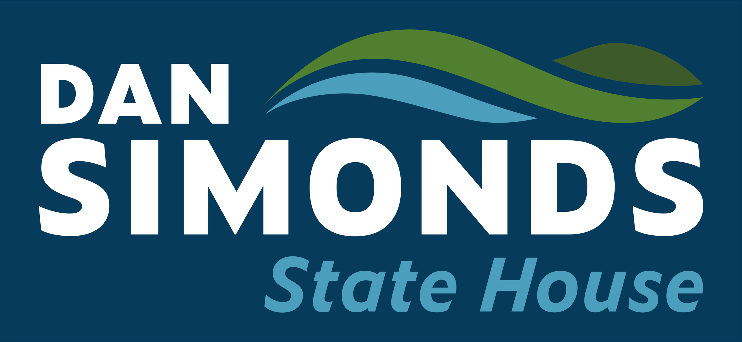 Logo for Dan Simonds State House featuring stylized green and blue waves and text in bold white and blue letters.