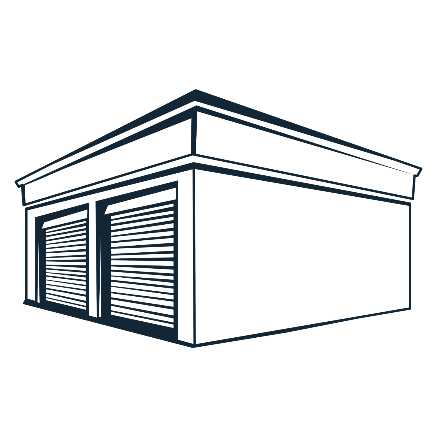 Line drawing of a small commercial building with two shuttered garage doors and a gabled roof.
