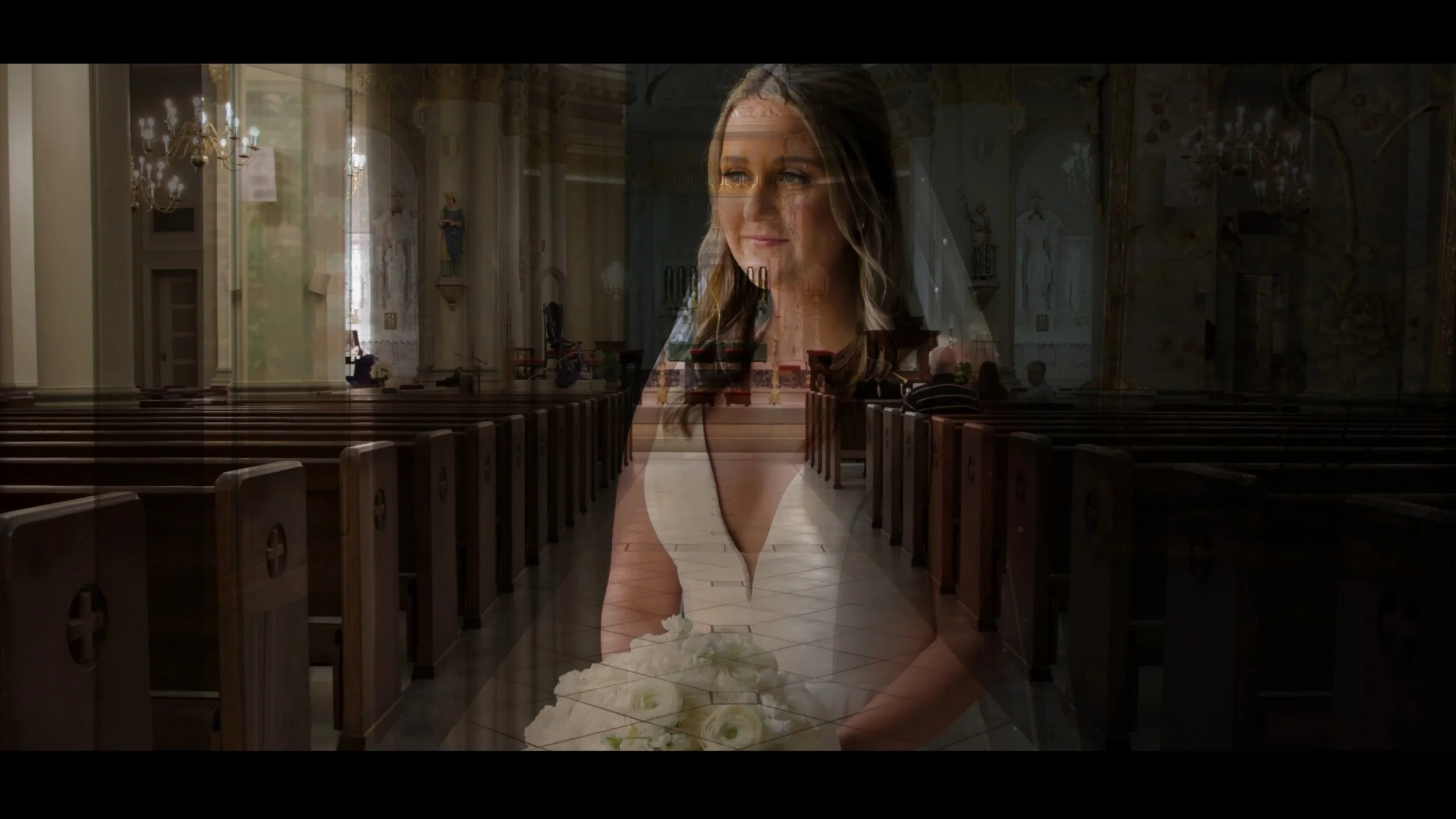 A wedding scene with a bride on her wedding day inside a church, with pews, chandeliers, and religious statues visible in the background. The bride is wearing a white dress and veil, and there are white roses on the aisle.