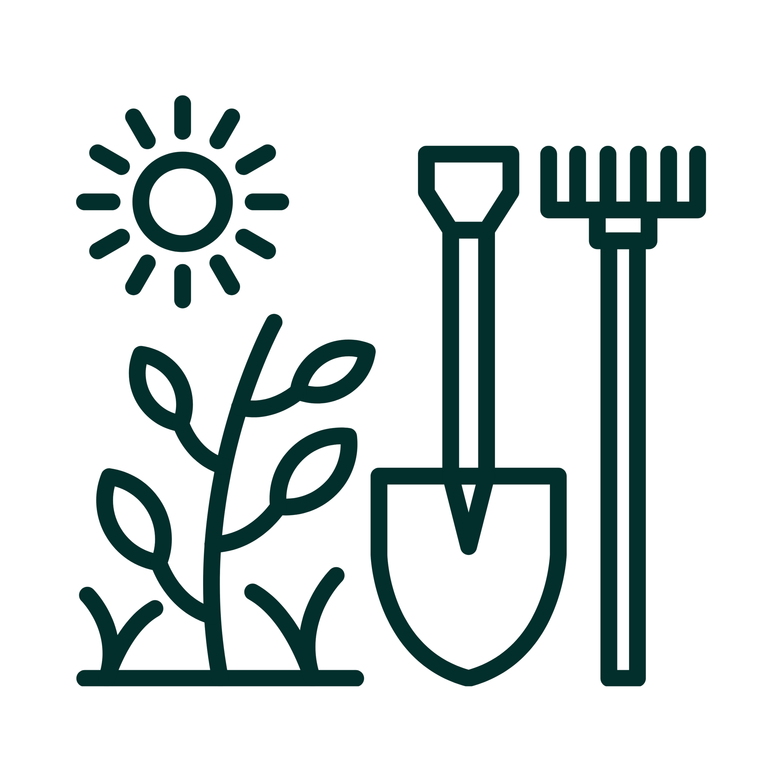 Line drawing of gardening tools, including a rake, trowel, and cultivator, with a potted plant, the word 'Love' in cursive, and a plant spray bottle.