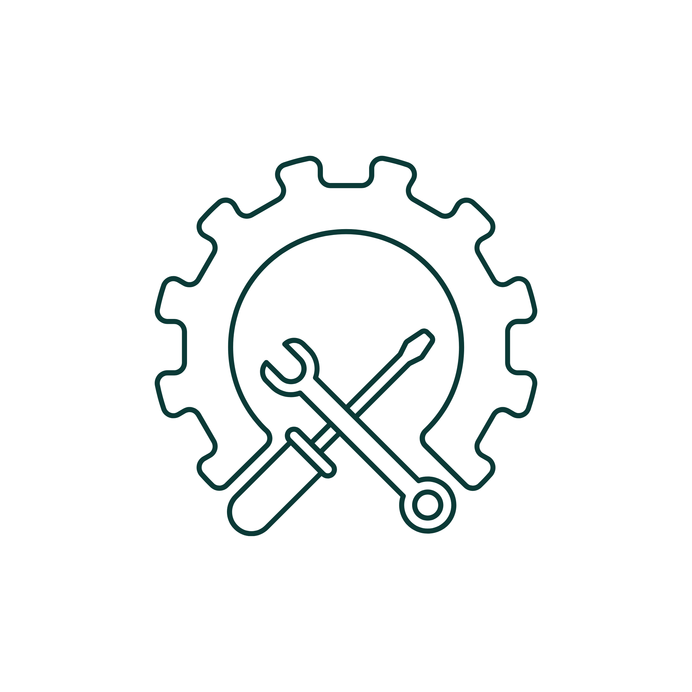 Stylized illustration of a gear with a test tube and wrench inside, representing engineering or technical work.