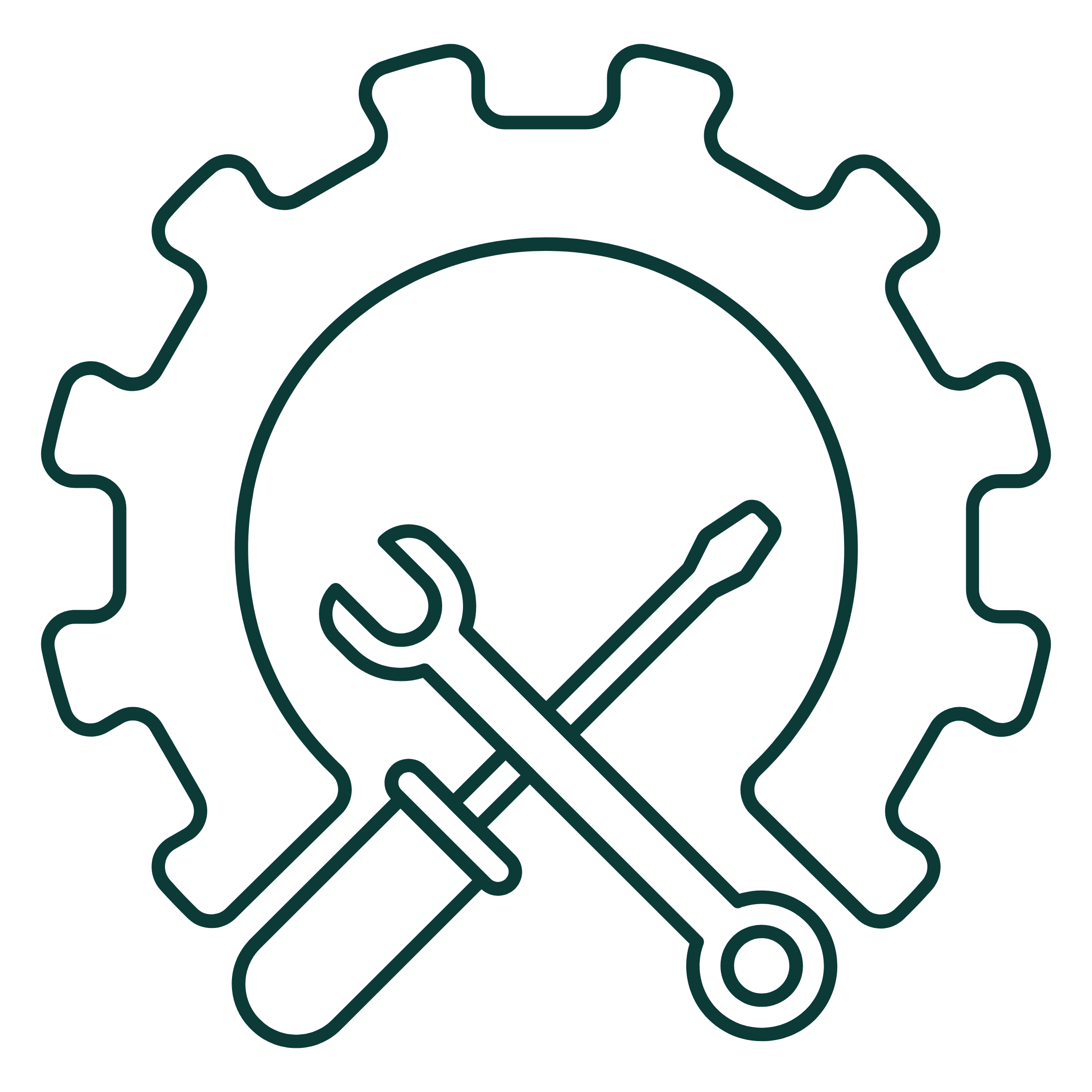 Line drawing of a gear surrounding a wrench and a screwdriver crossed over each other.