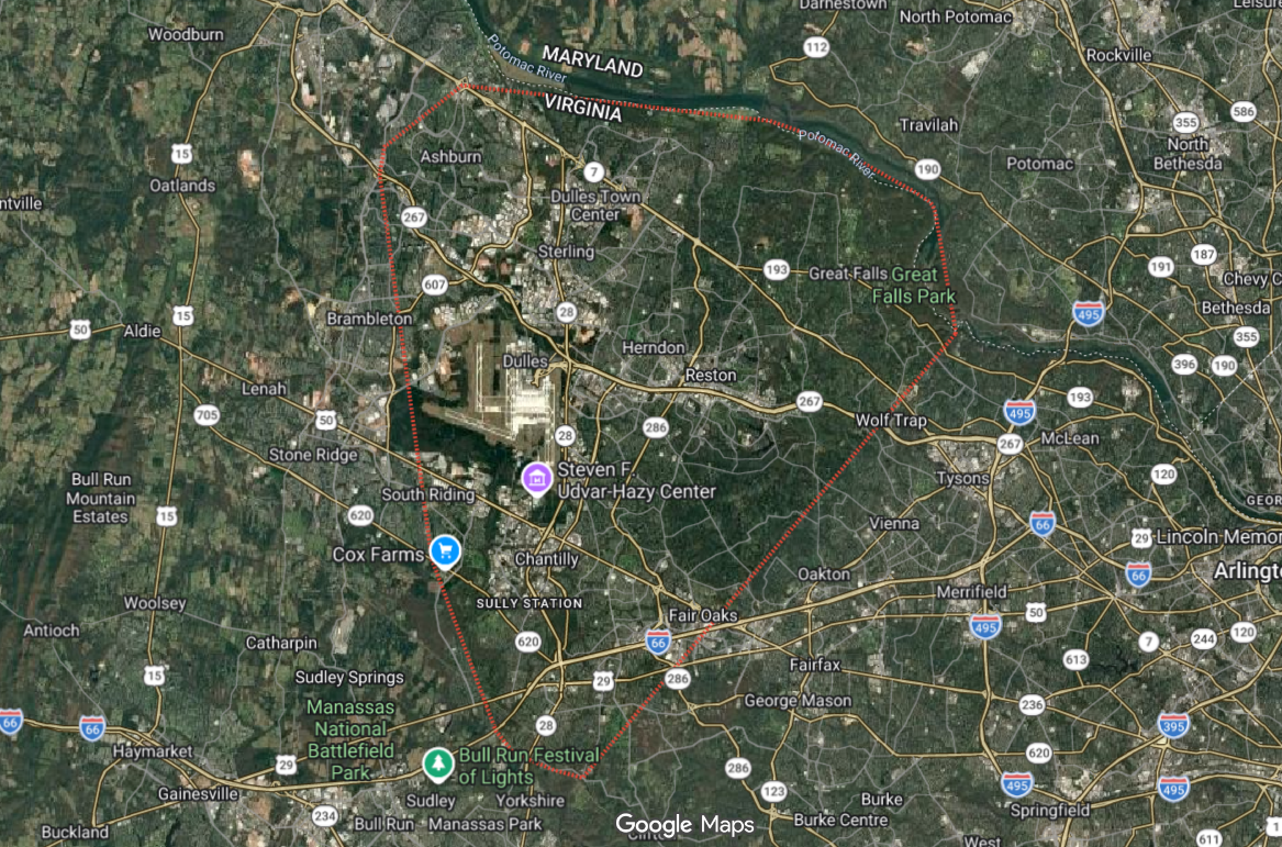 Map showing the area around Manassas, Virginia, with marked locations including Manassas National Battlefield Park, Bull Run Festival of Lights, and several towns and highways.