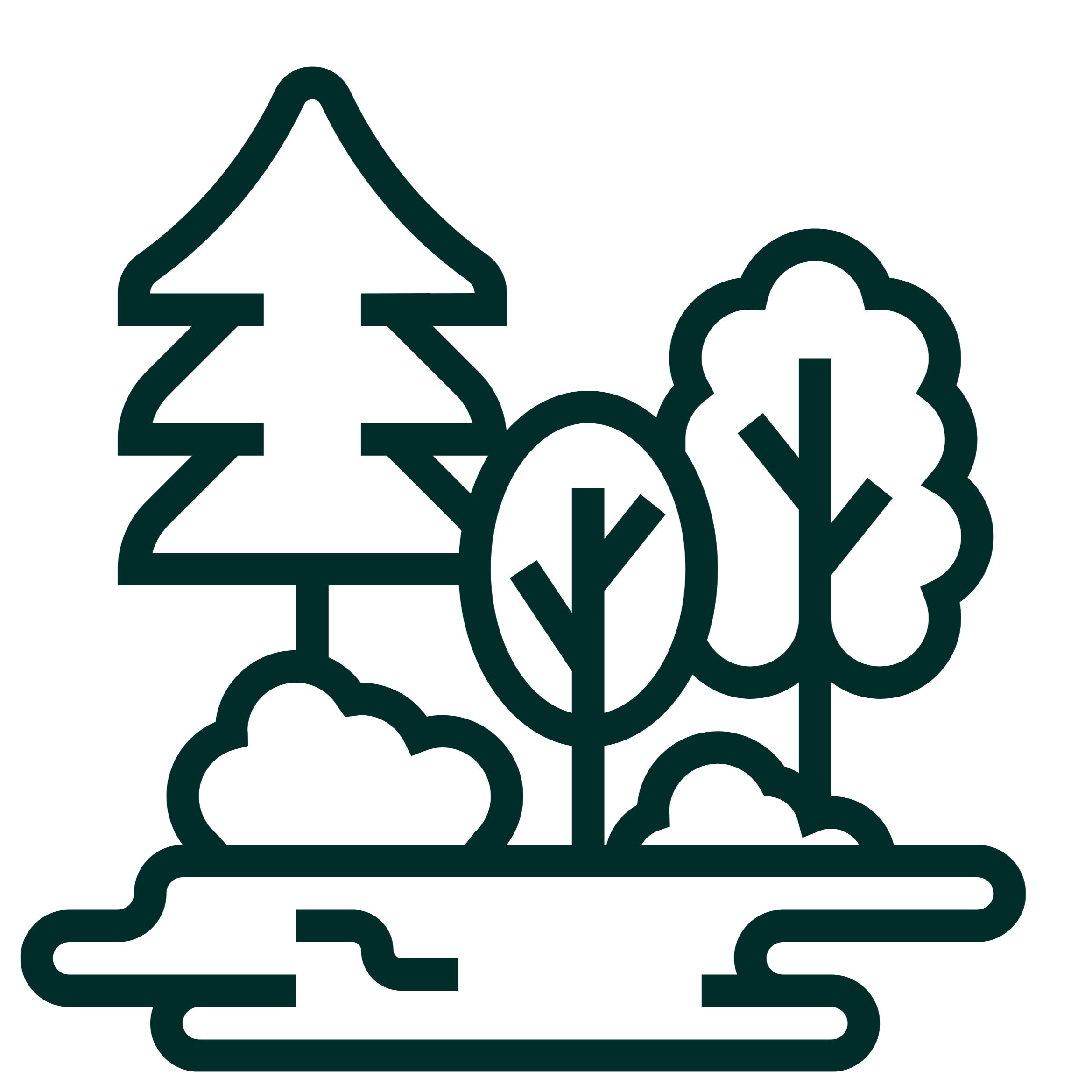 A black line drawing of an arrow pointing up with three small lines beneath it, a cloud, and several interconnected circles connected by lines.