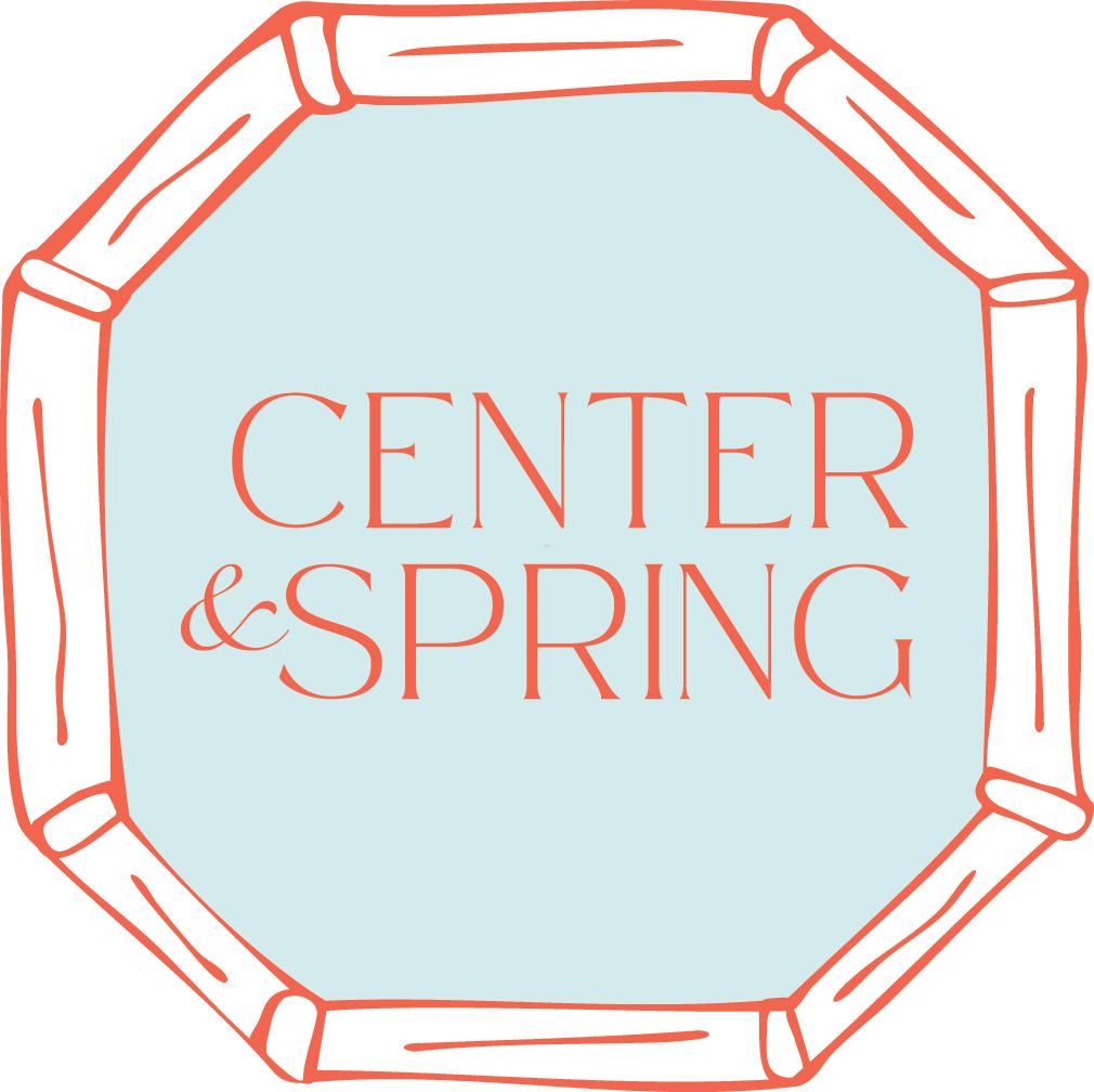 A decorative sign with an octagonal shape, displaying the text "CENTER & SPRING" in elegant uppercase and cursive fonts, with a light blue background and a peach-colored border.