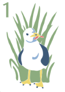 Cartoon penguin with a yellow beak and flippers, standing among tall green grass.
