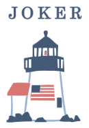 A lighthouse with a red and white American flag design at the base, and the word 'JOKER' written above.