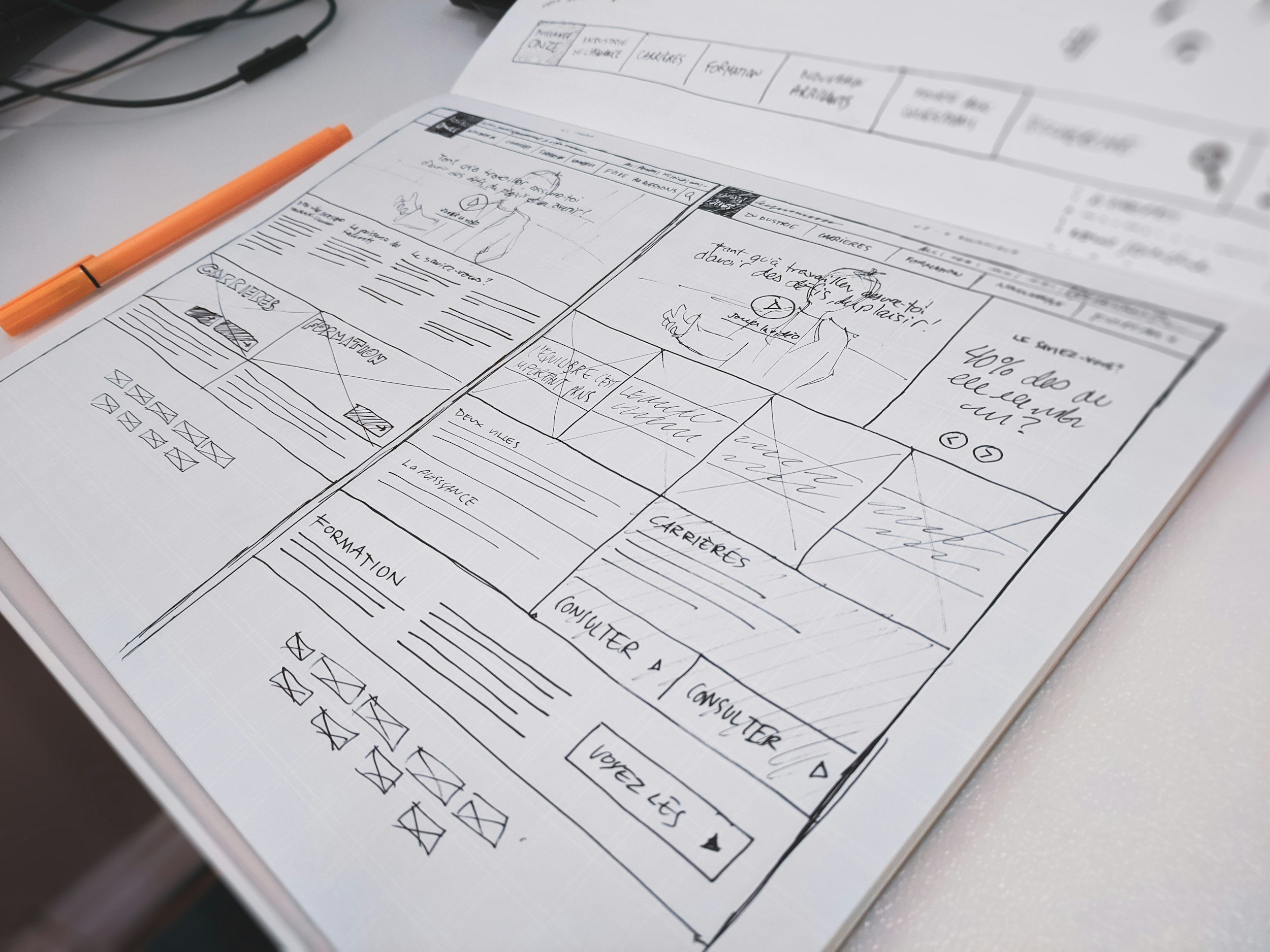 A paper with hand-drawn sketches and notes, including frames for a comic or storyboard. An orange pen is placed on the paper, and some wires are visible at the top left corner of the image.