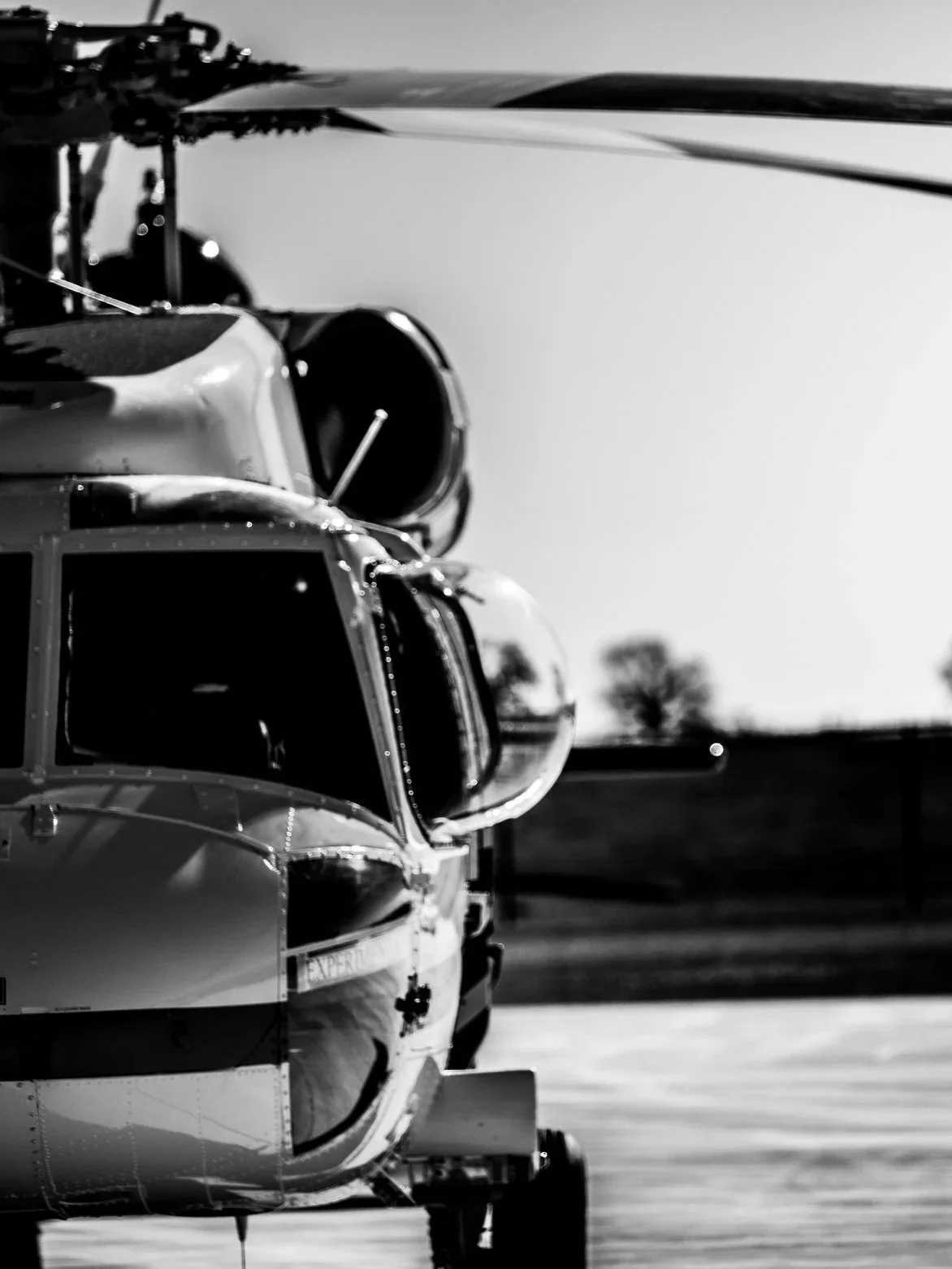Front view of a helicopter parked on tarmac with trees in the background, black and white photo.