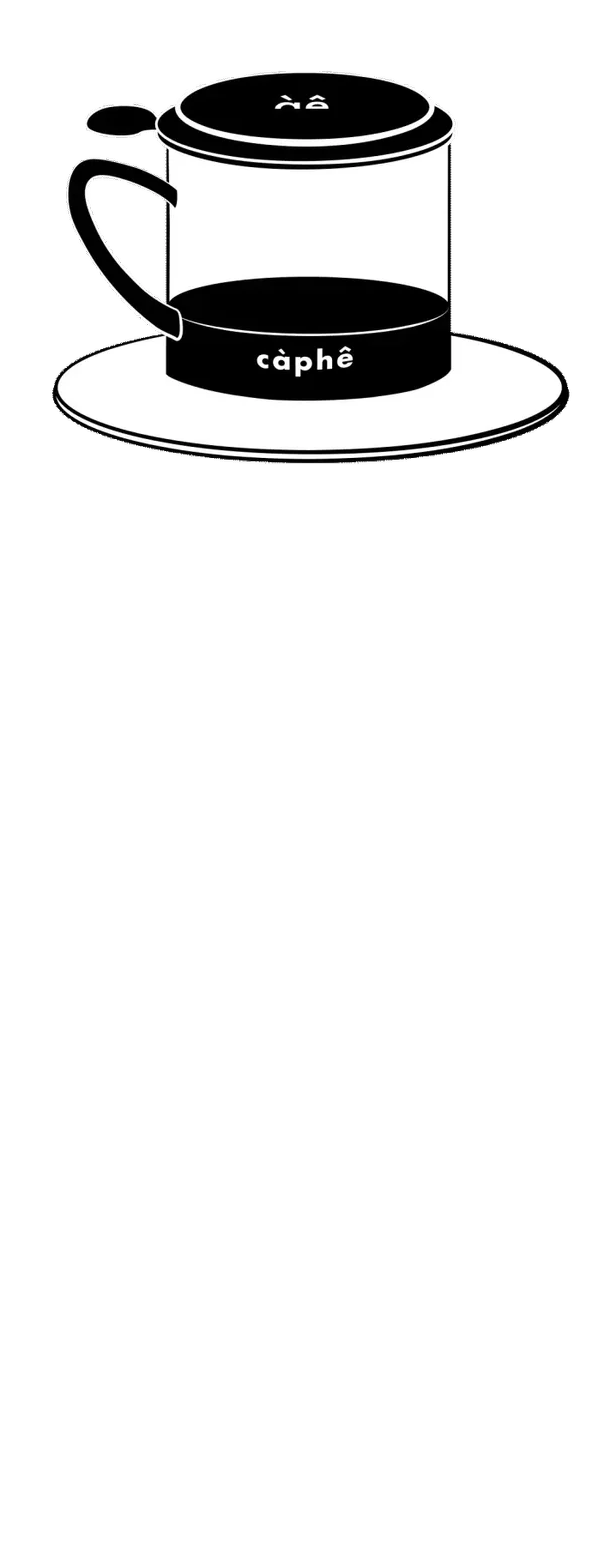 A stylized outline drawing of a glass coffee pot on a round saucer with the word "café" written on its band. The coffee pot has a handle, a lid, and a pour spout. Cà phê Phin, Vietnamese coffee.