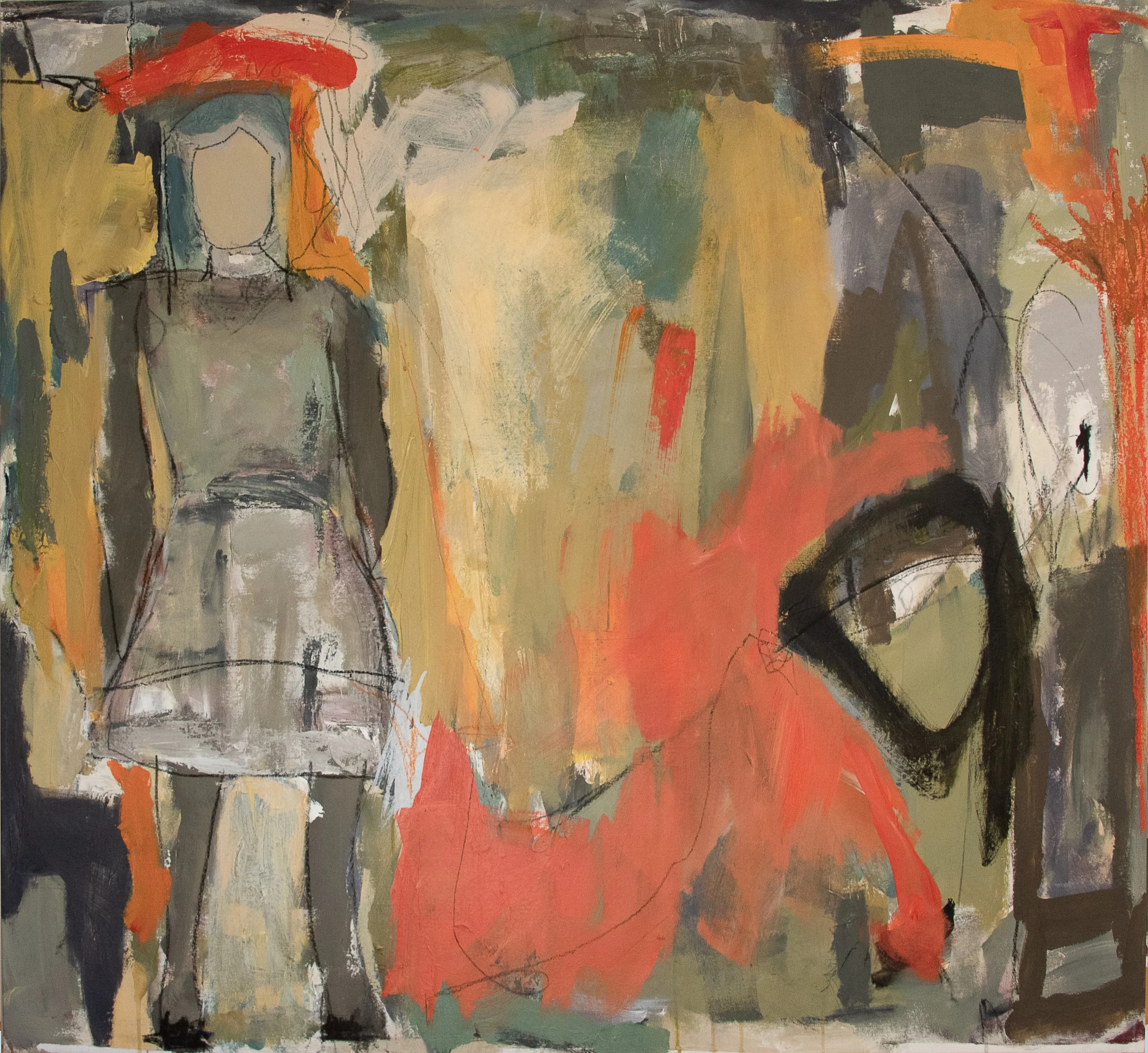 Abstract painting with bold and muted colors, including red, orange, yellow, black, green, and gray, featuring loose brushstrokes and overlapping shapes.