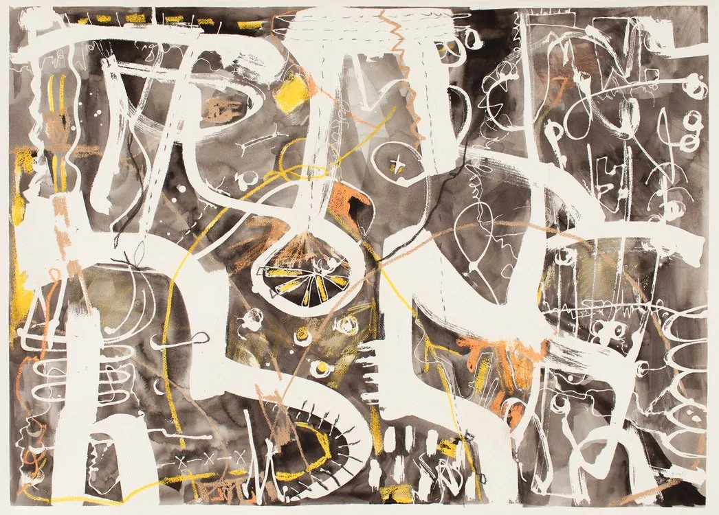 Abstract art piece with white, black, orange, and yellow paint splashes, lines, and shapes on a gray background.