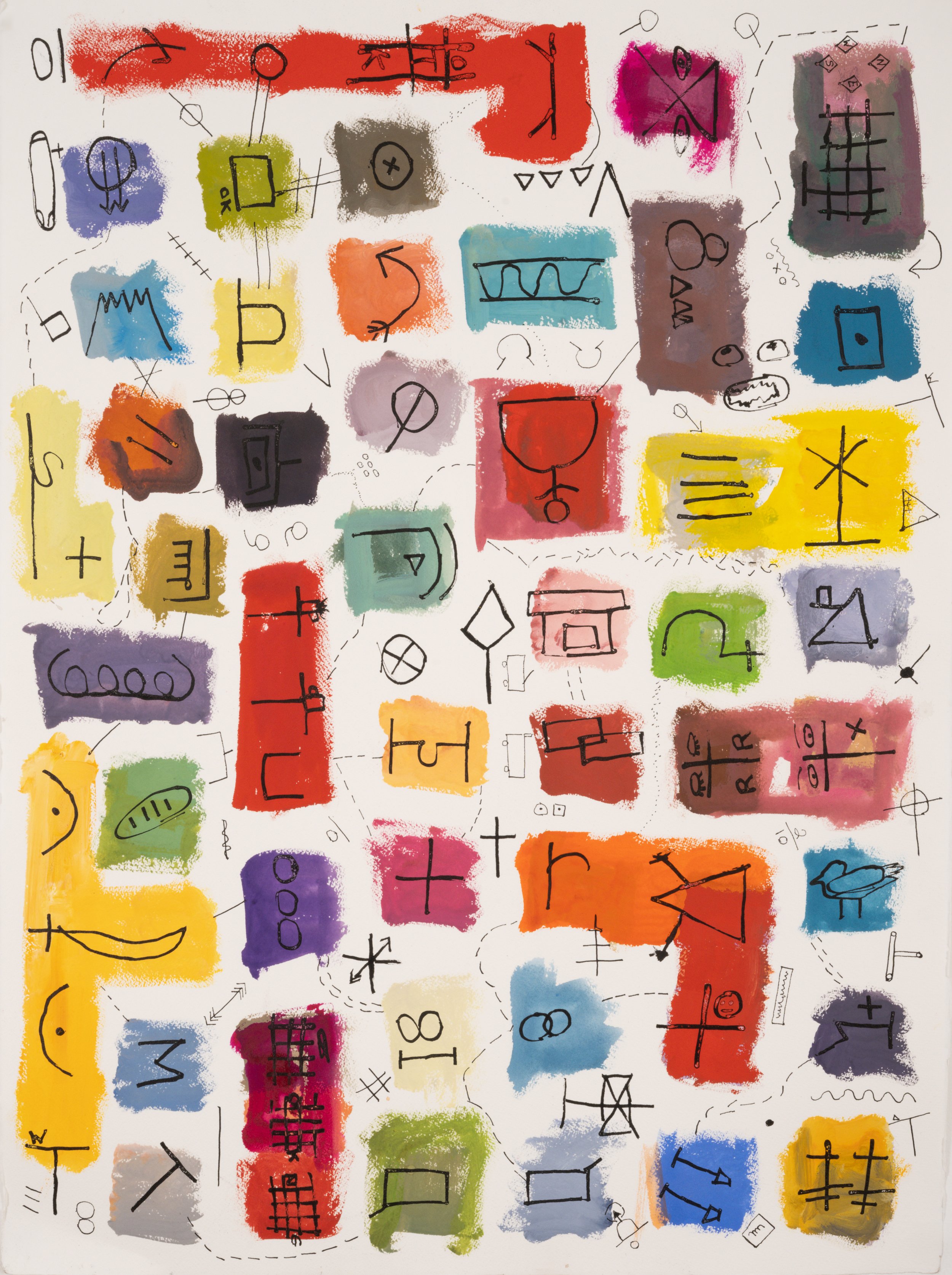 An abstract artwork featuring colorful squares and rectangles with hand-drawn symbols, lines, and sketches, interconnected by dotted lines on a white background.