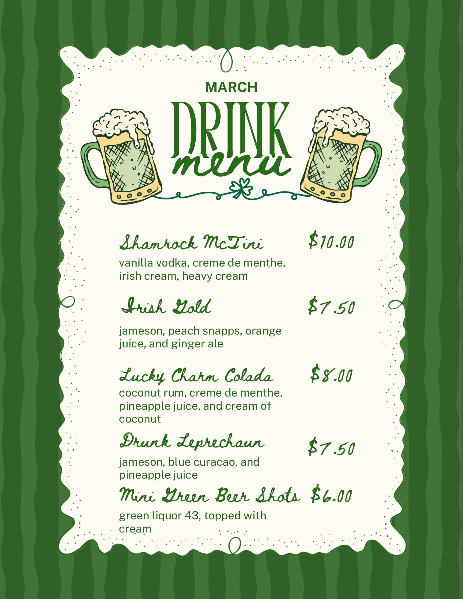A St. Patrick's Day themed drink menu with green background and illustrations of frothy beer mugs, listing various cocktails and prices.
