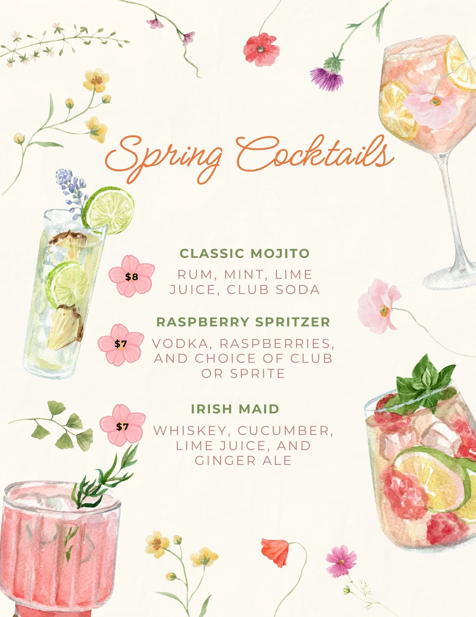 A watercolor-style illustration of spring cocktails with floating flowers and herbs. The menu includes a classic mojito with lime, mint, rum, and club soda for $8, a raspberry spritzer with vodka, raspberries, and choice of club or Sprite for $7, and an Irish maid with whiskey, cucumber, lime juice, and ginger ale for $7.