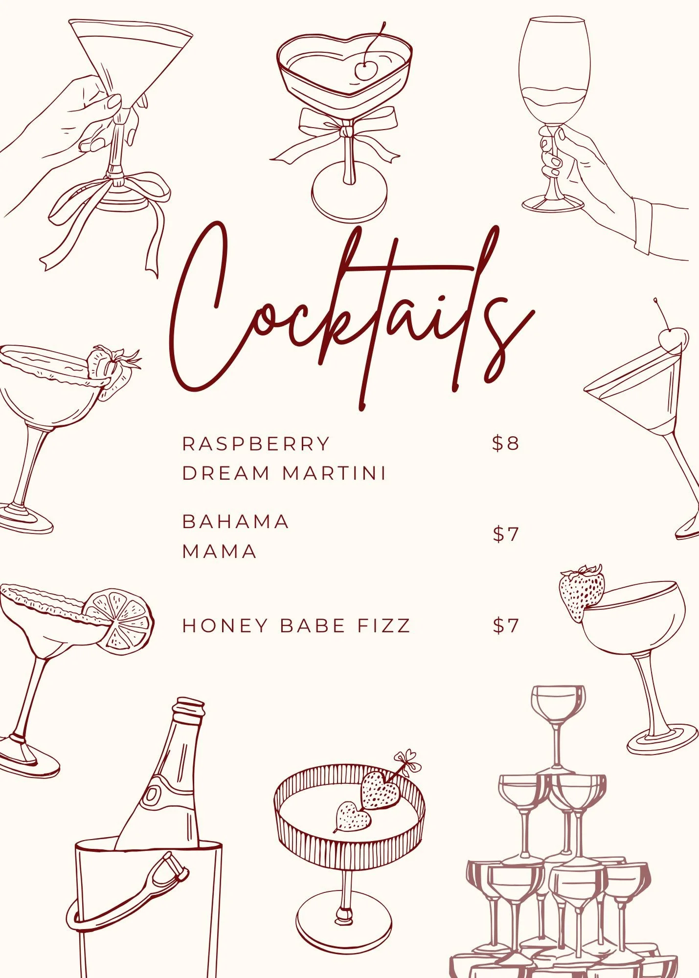 Line drawing of various cocktails and drinks, with the word 'Cocktails' written in cursive in the center. The drinks include a raspberry dream martini, bahama mama, honey babe fizz, and other assorted cocktails, each with garnishes like fruit slices and cherries.