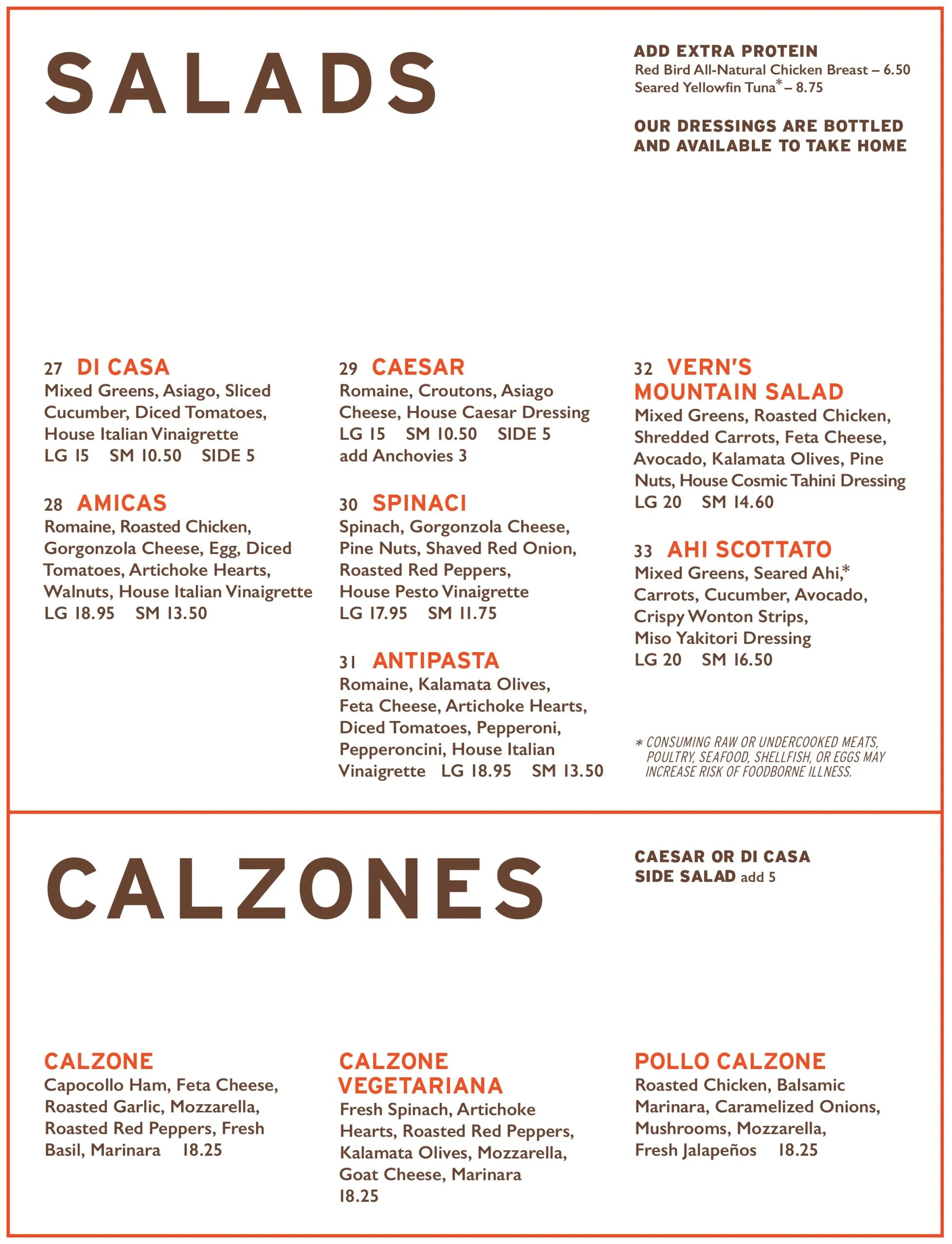 Restaurant menu section listing salads and calzones with descriptions and prices.