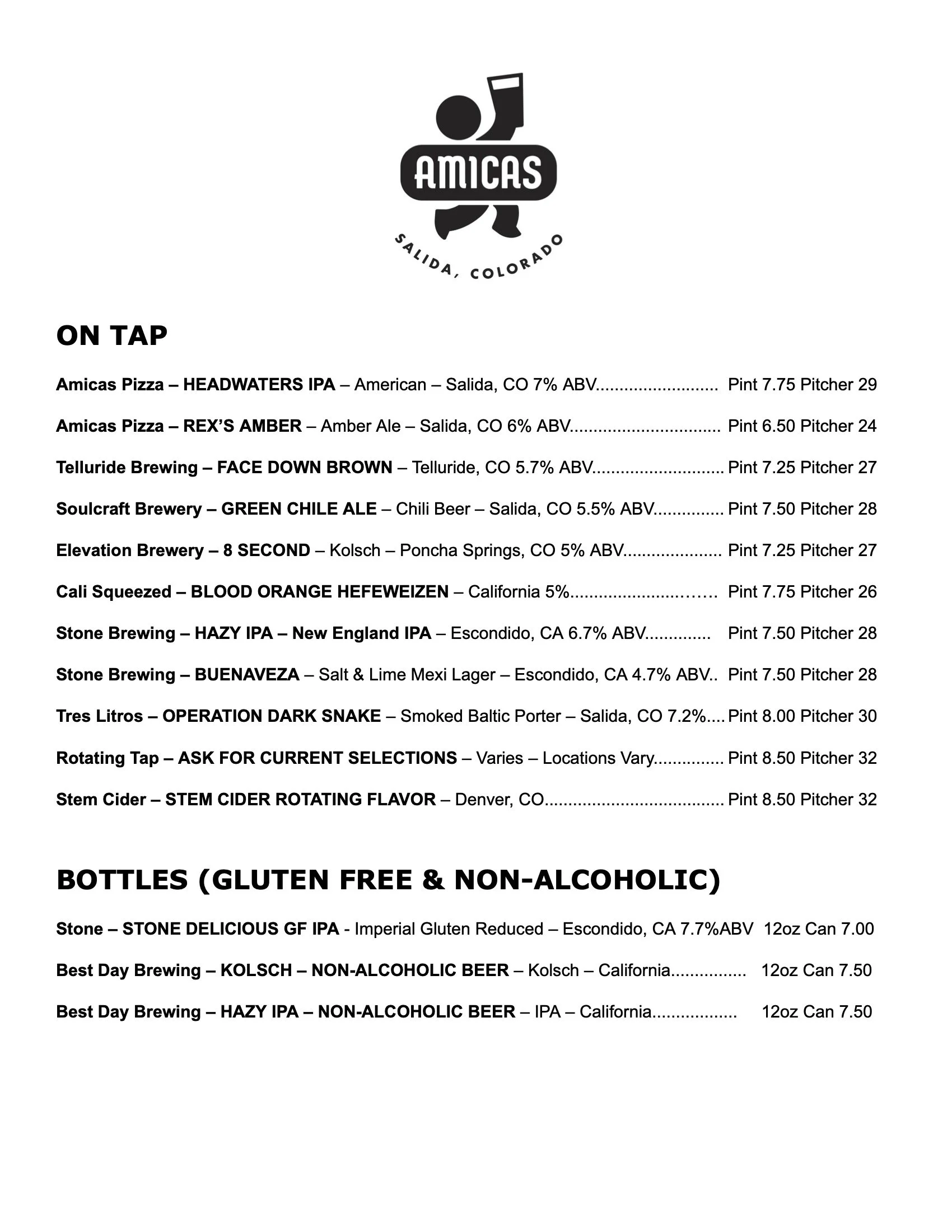 A menu from Amicas restaurant in Salida, Colorado featuring various beers including IPAs, ambers, and sours, with pricing and alcohol by volume details.