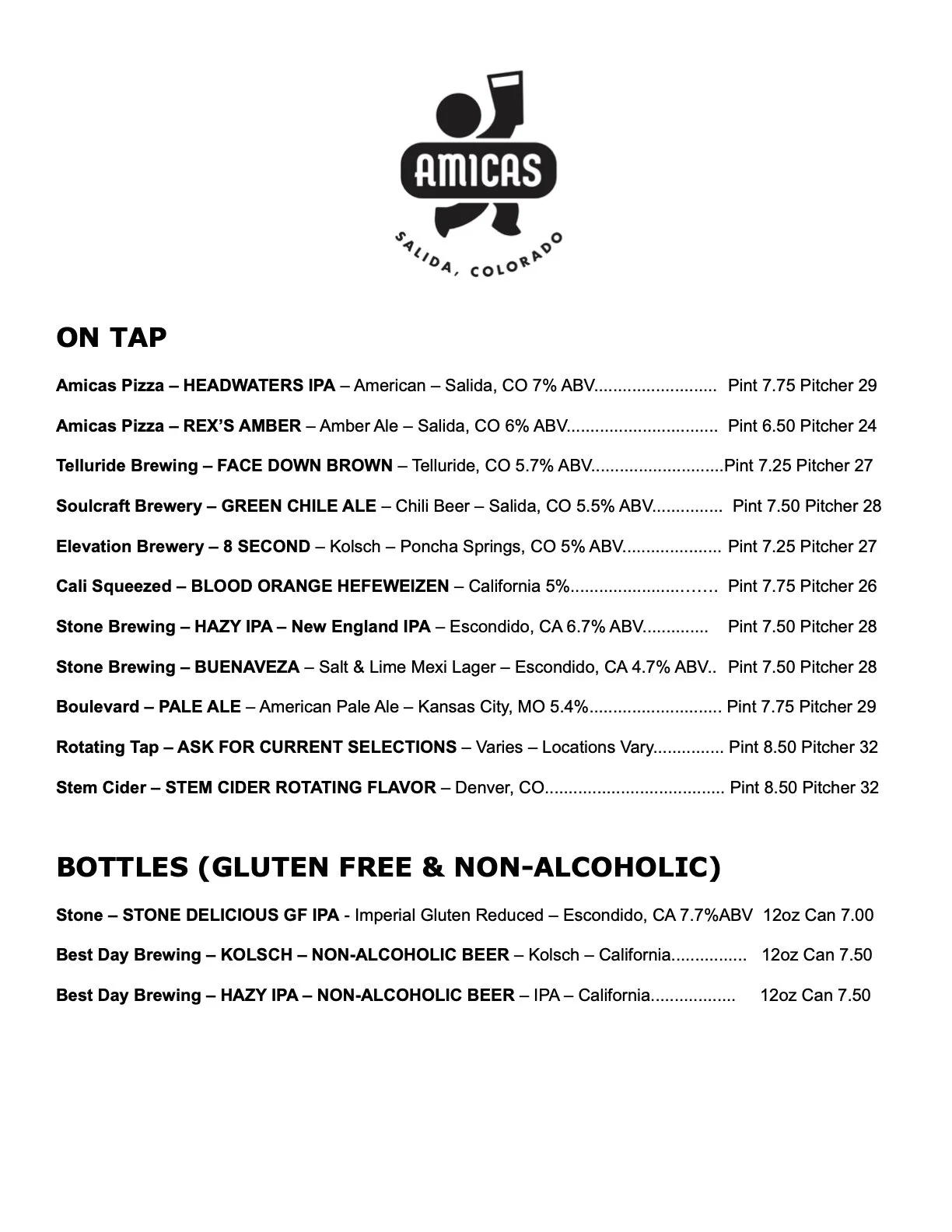 Menu from Amicas in Salida, Colorado, listing various craft beers, IPAs, ales, and non-alcoholic beverages available on tap and in bottles.