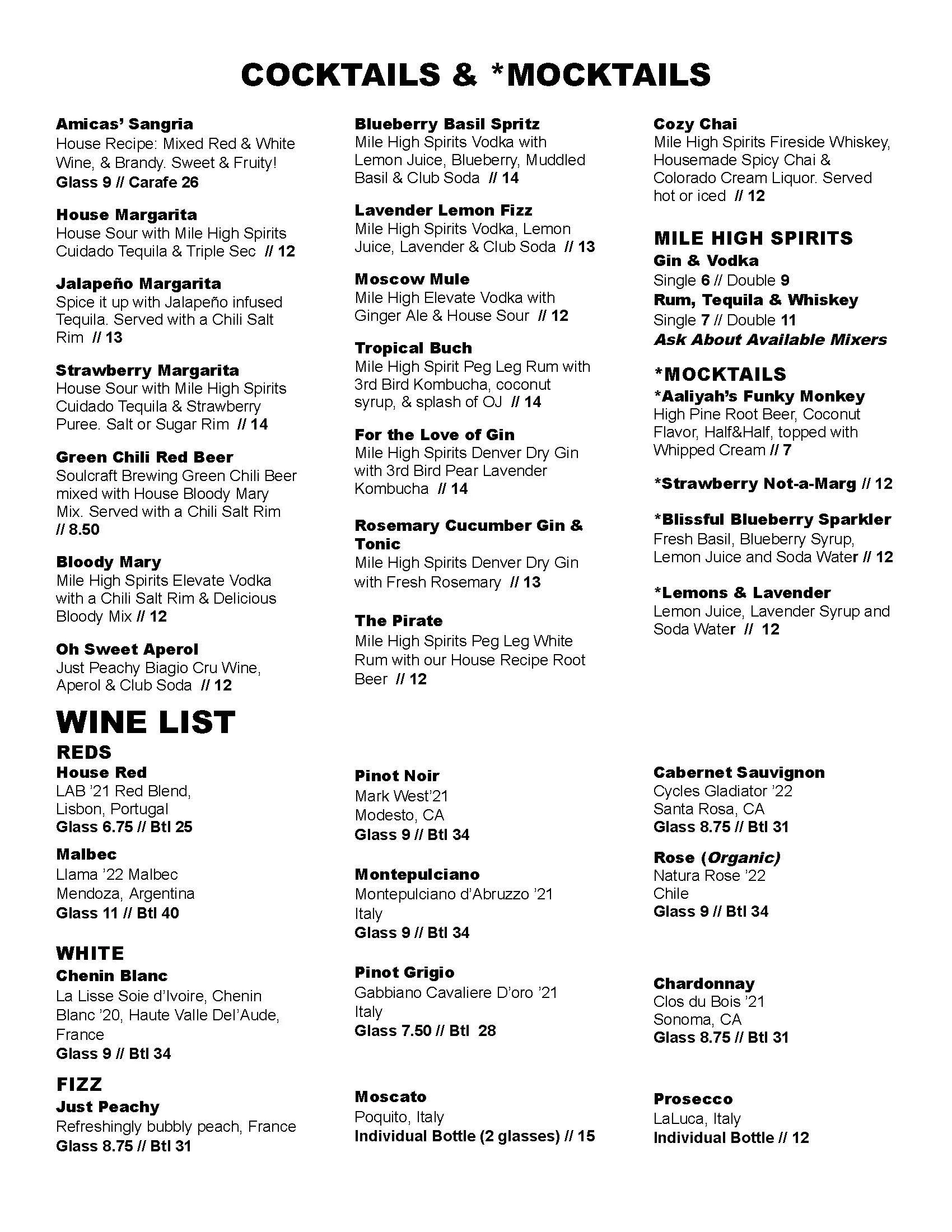 Menu listing various cocktails, mocktails, and wines with descriptions and prices.