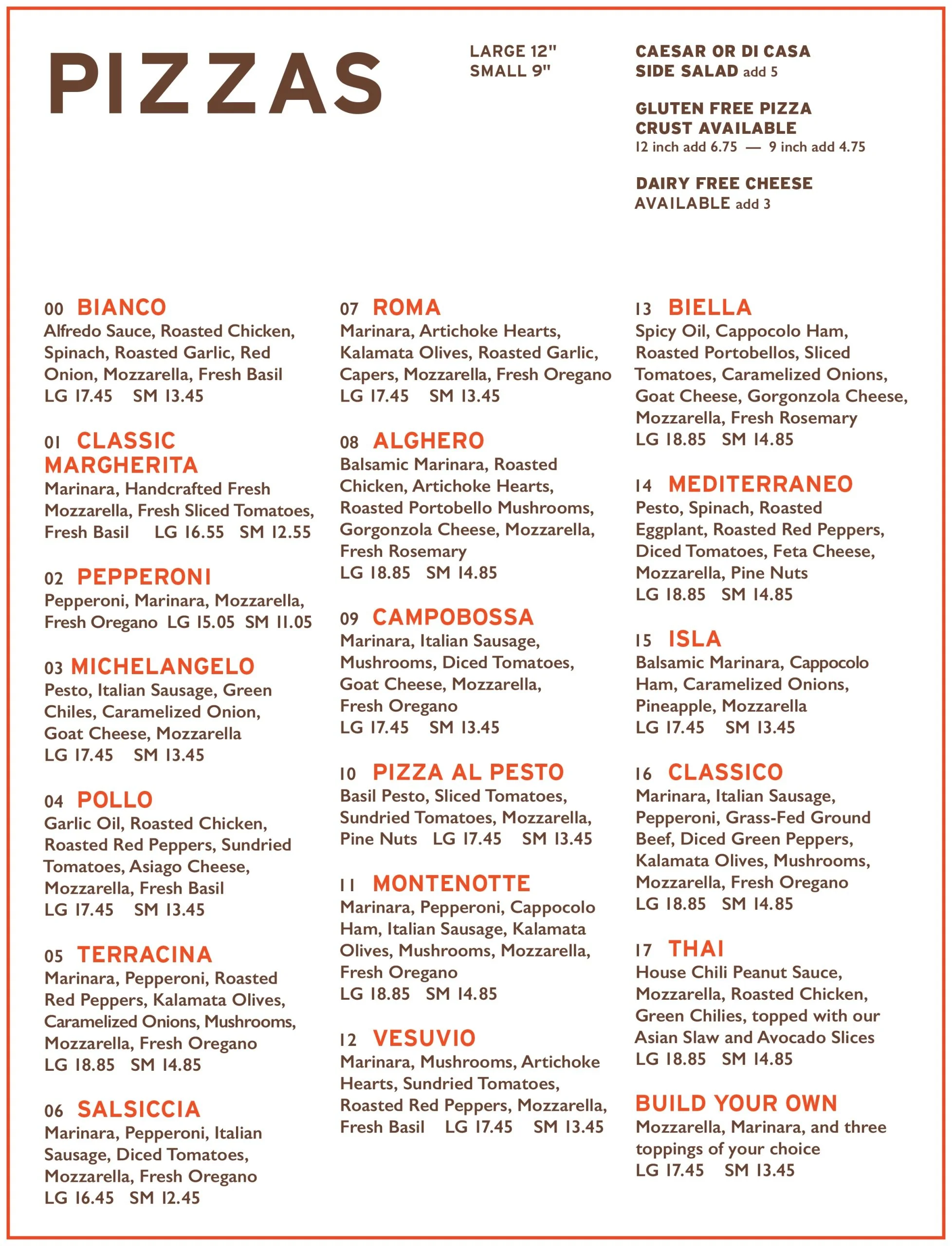 A menu featuring various pizza options with descriptions of ingredients and prices, organized into two columns, with sizes large and small, and additional options for side salads, gluten-free crust, and extra cheese.