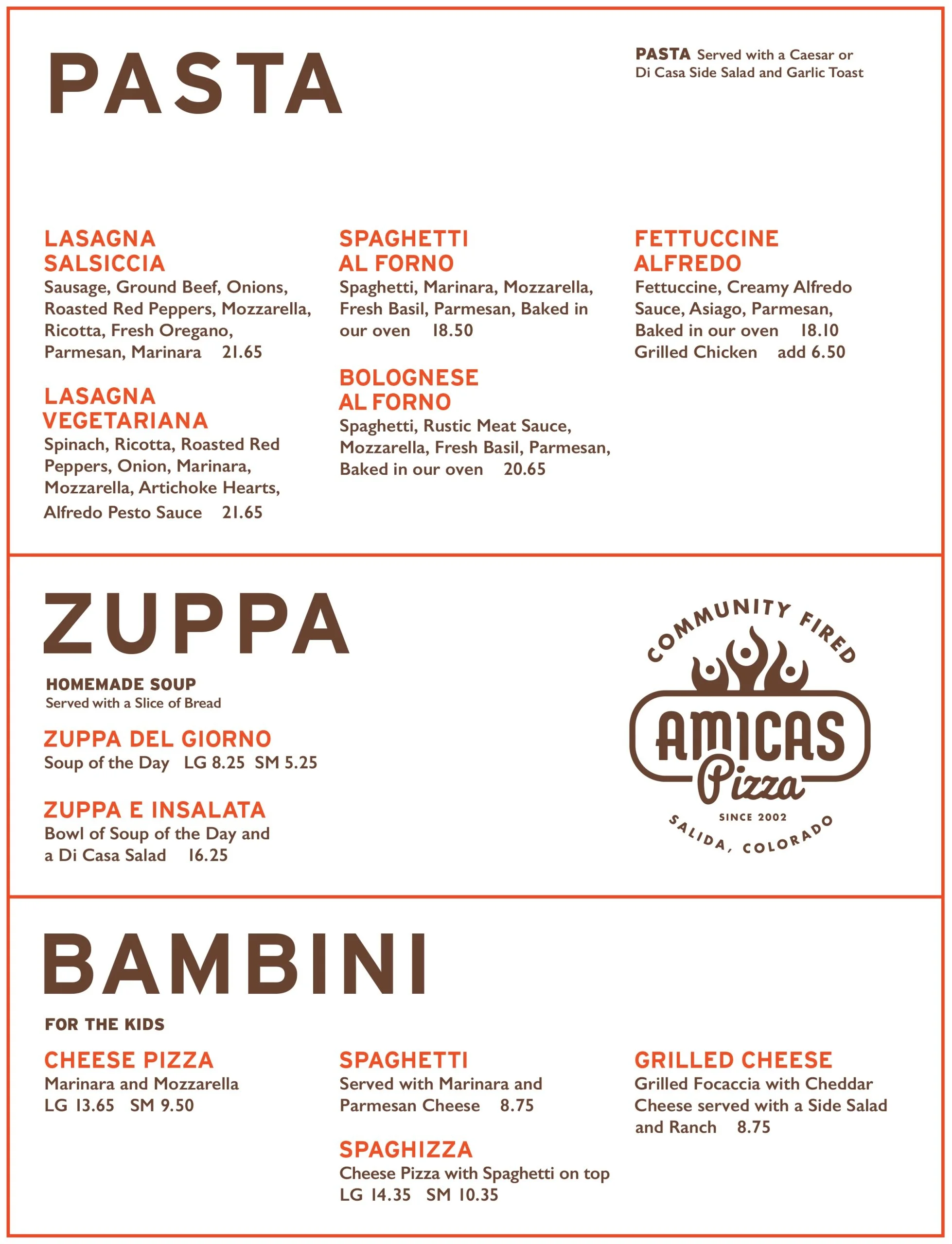 Menu featuring pasta and pizza options at Amicas Pizza, Salida, Colorado, including lasagna, spaghetti, fettucine alfredo, vegetarian lasagna, bolognese al forno, cheese pizza, and grilled cheese.